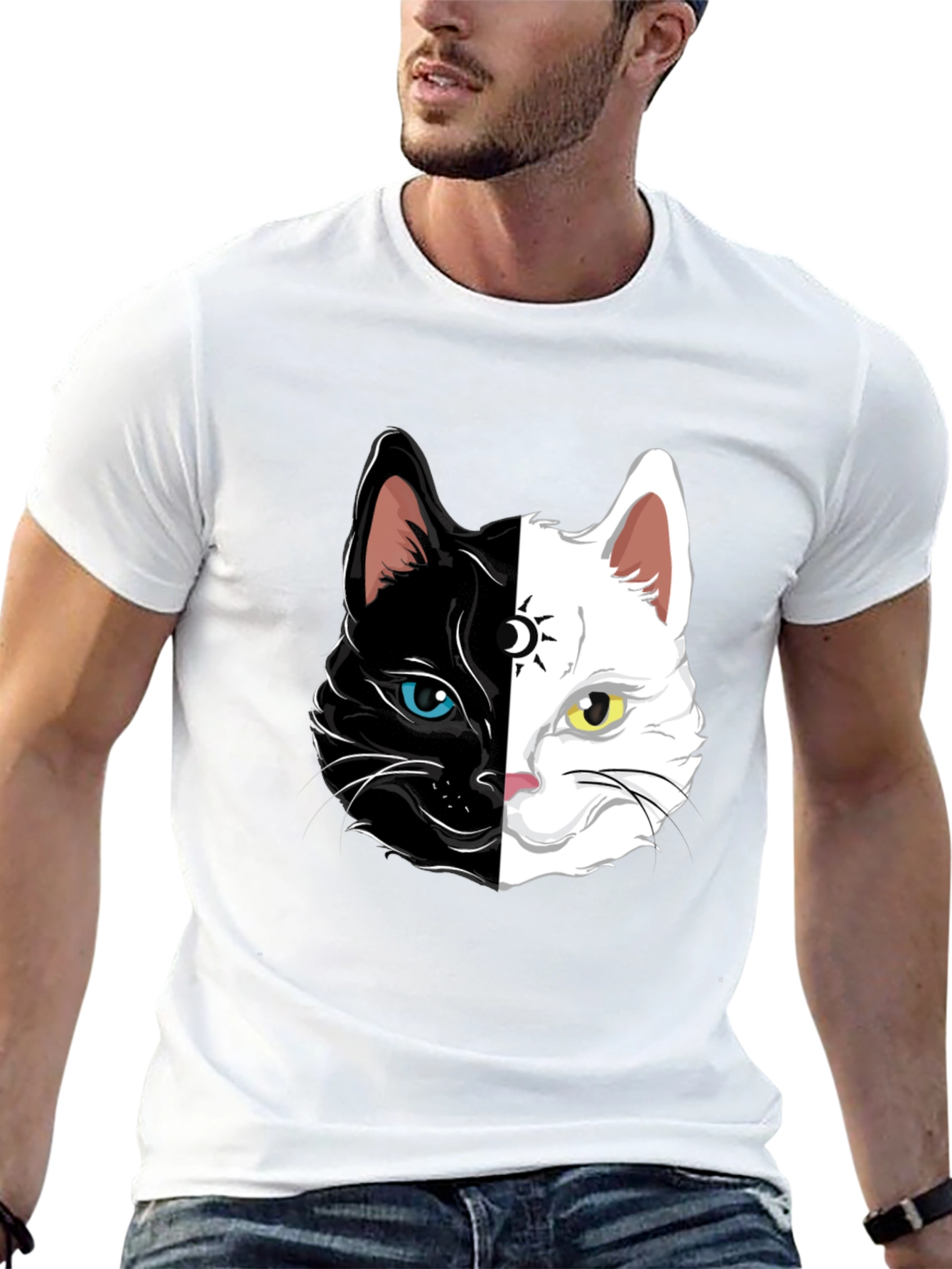 Yin Yang Cat Graphic Tee - Black Cotton Shirt