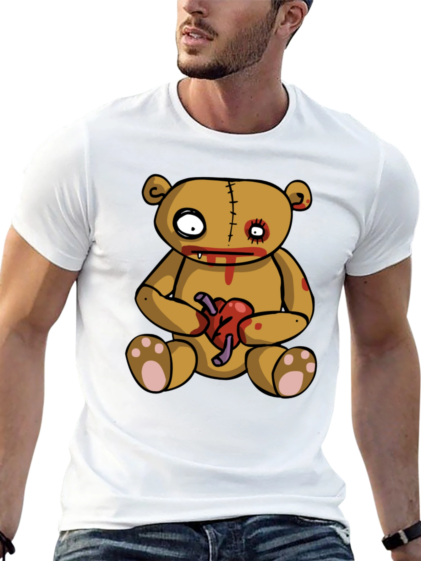 Zombie Teddy Bear Heart Graphic Black T-Shirt