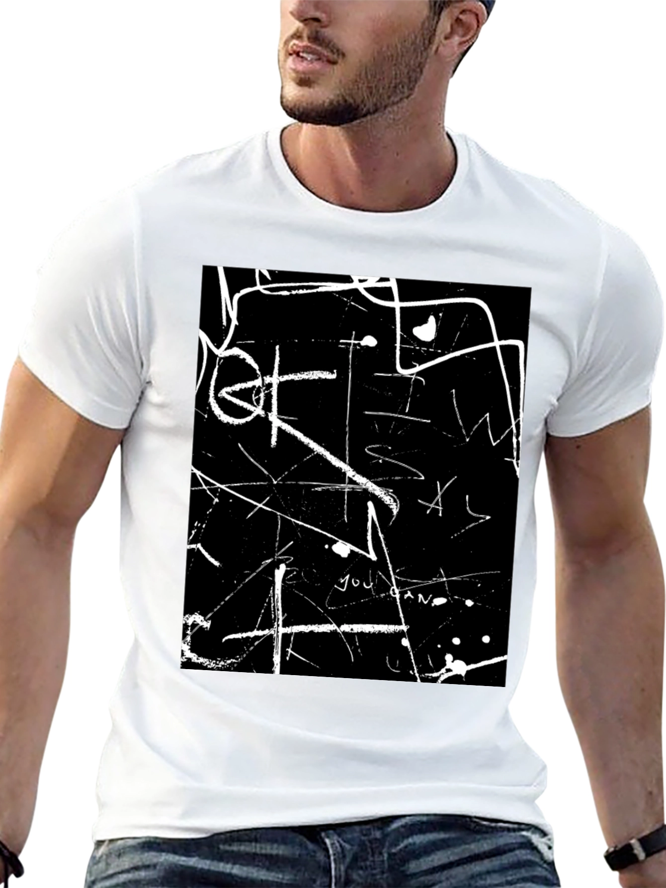 Abstract White Line Art Black T-Shirt