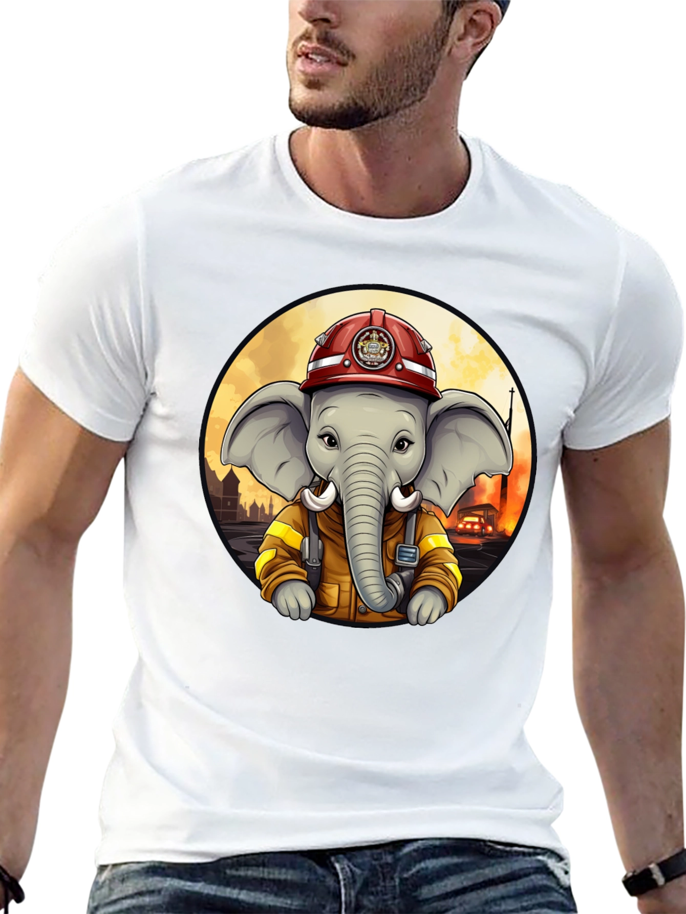Elephant Firefighter T-Shirt - Cartoon Style