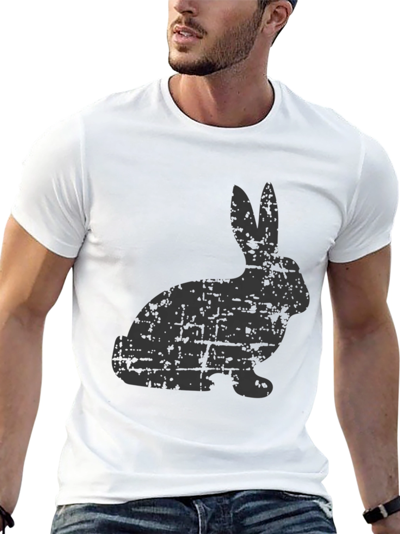 Distressed Rabbit Graphic Tee - Black Cotton Casual Shirt