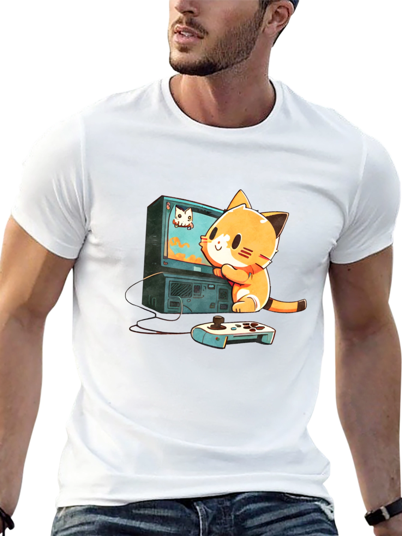 Gamer Cat Graphic Tee - Cute Cartoon T-Shirt