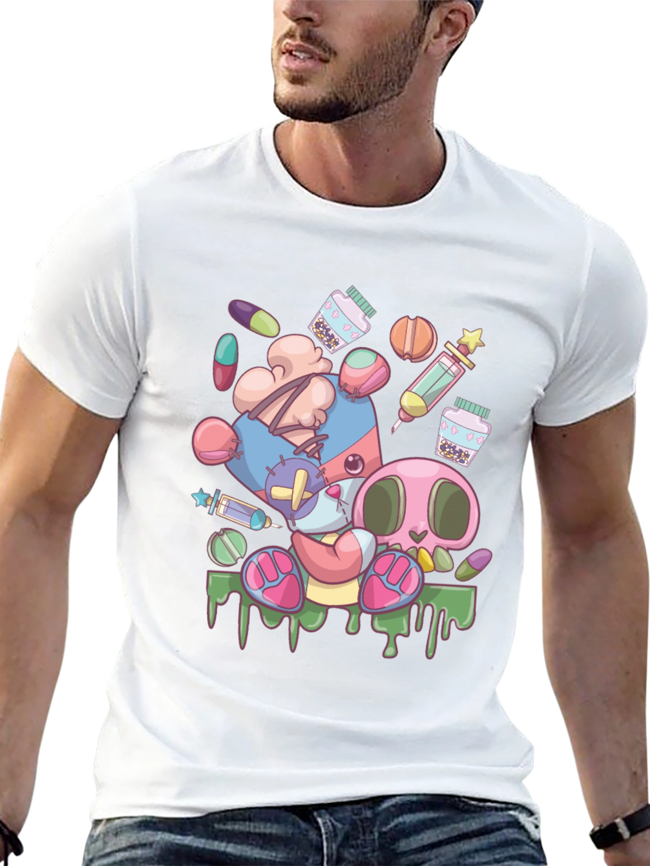 Creepy Cute Cartoon Print Black T-Shirt