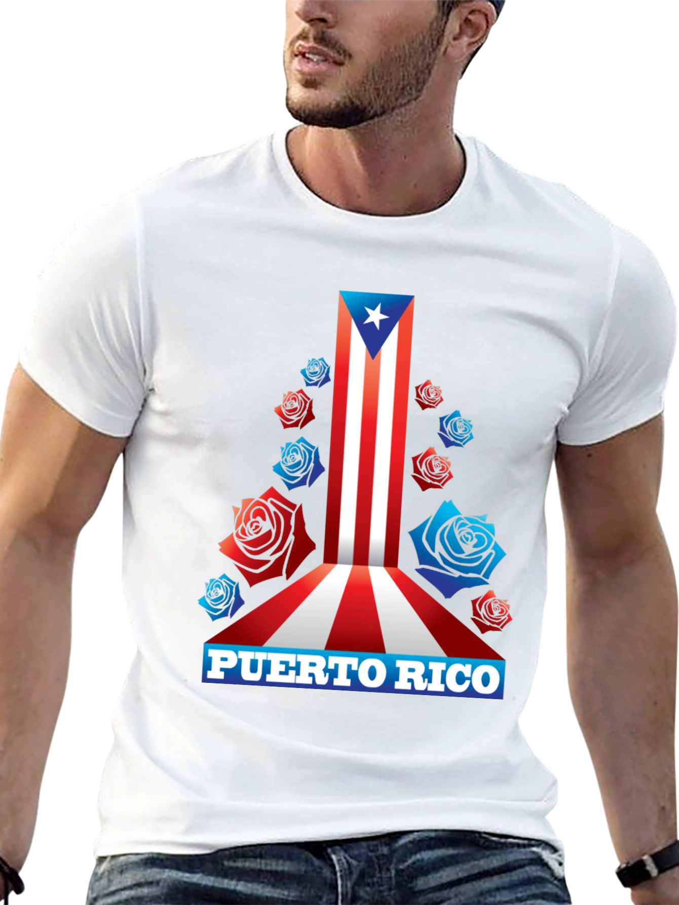 Puerto Rico Flag Roses Mens Graphic T-Shirt