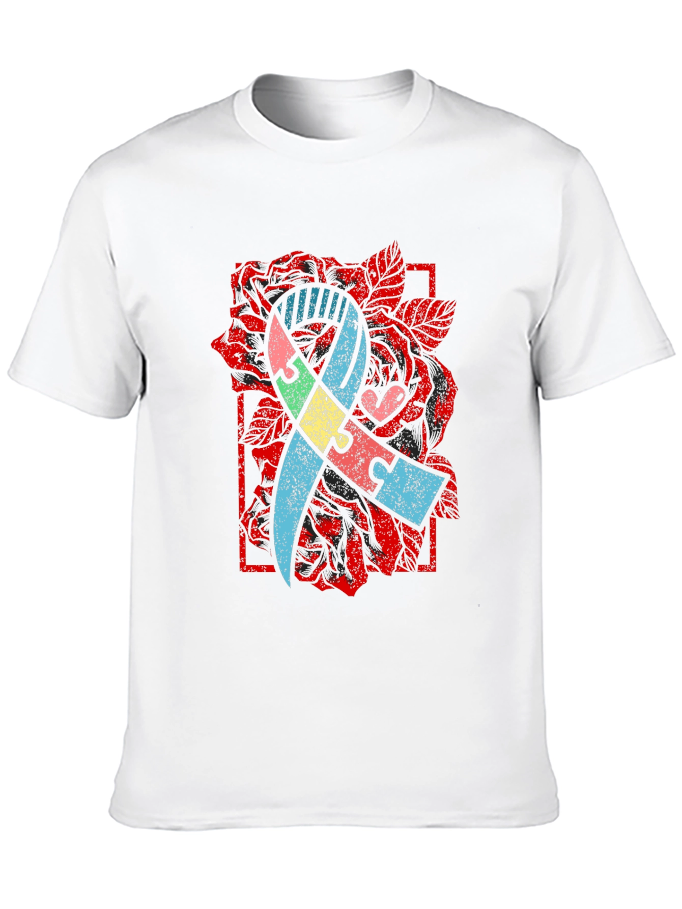 Autism Awareness Puzzle Ribbon Rose T-Shirt