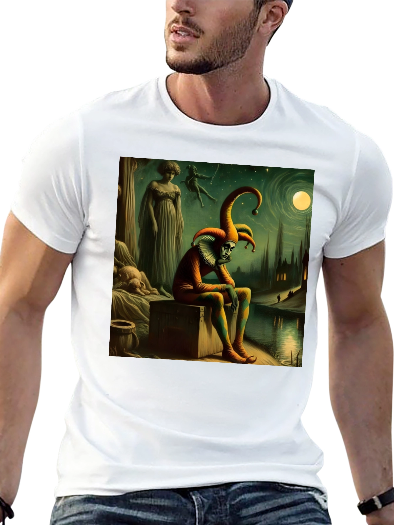 Brooding Jester Graphic Tee - Unique Art T-Shirt
