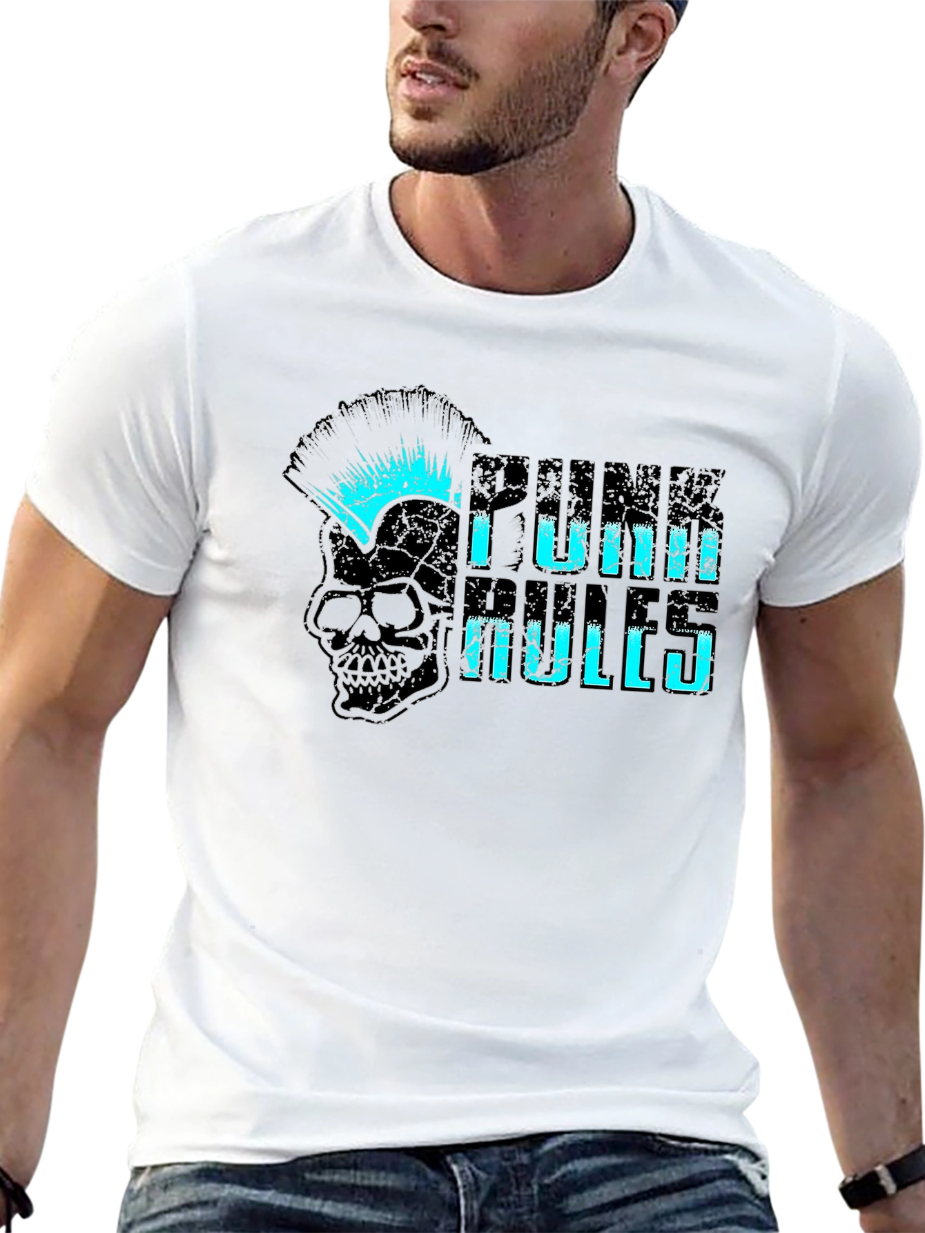 Punk Rules Skull Graphic Tee - Black Cotton T-Shirt