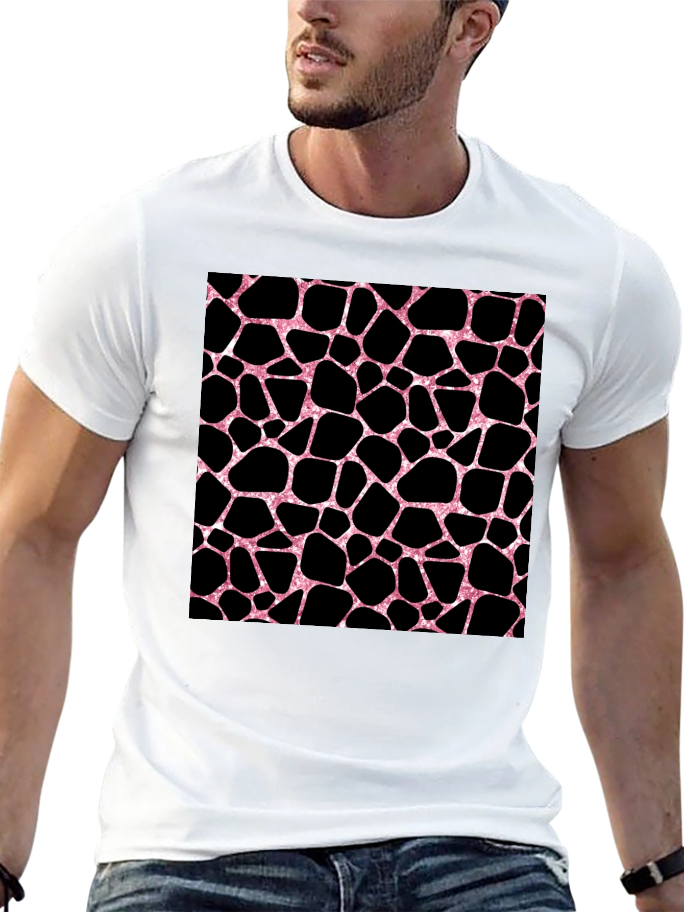 Pink Giraffe Print Black T-Shirt