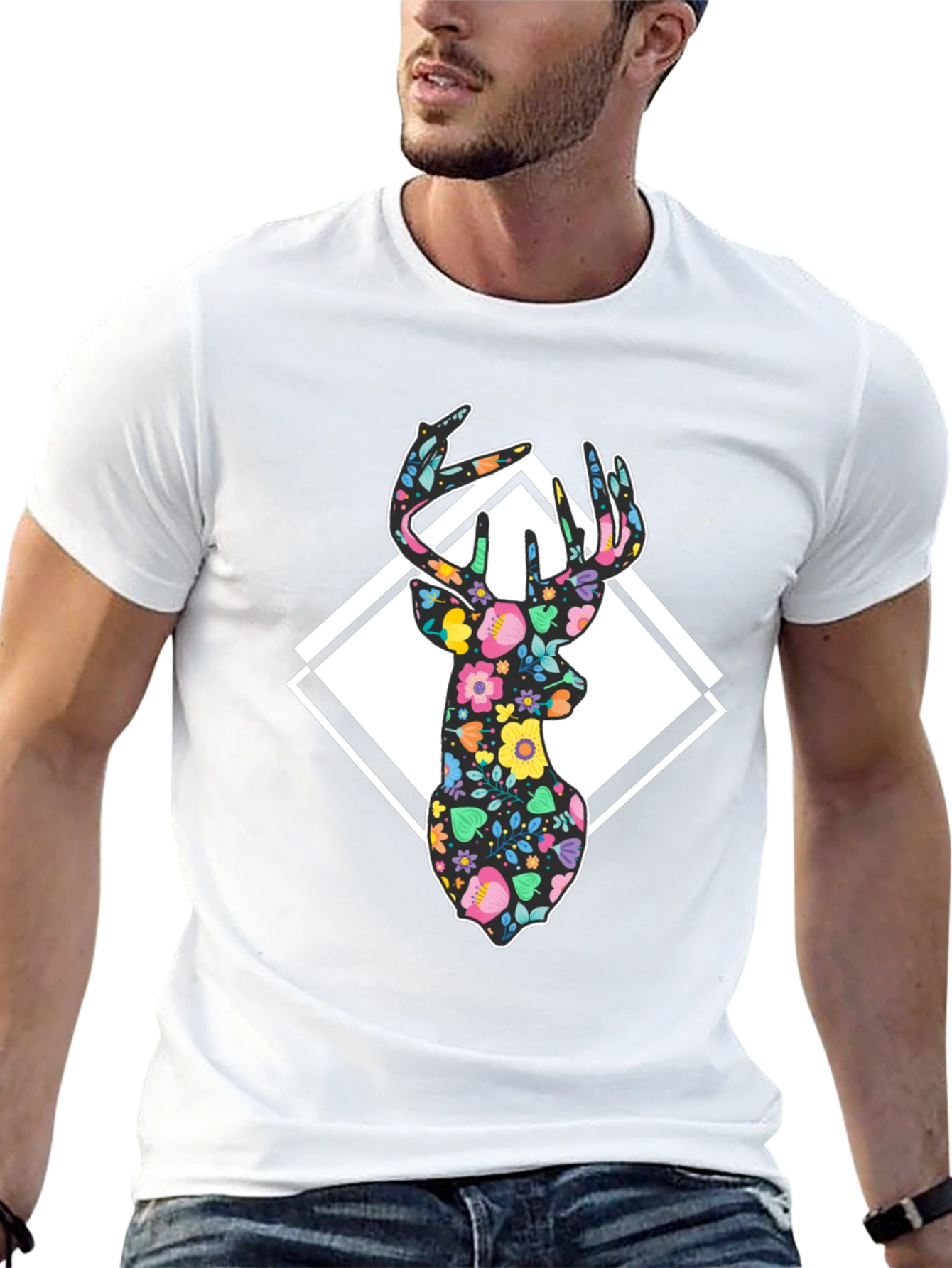 Floral Deer Graphic Tee - Black Cotton Blend