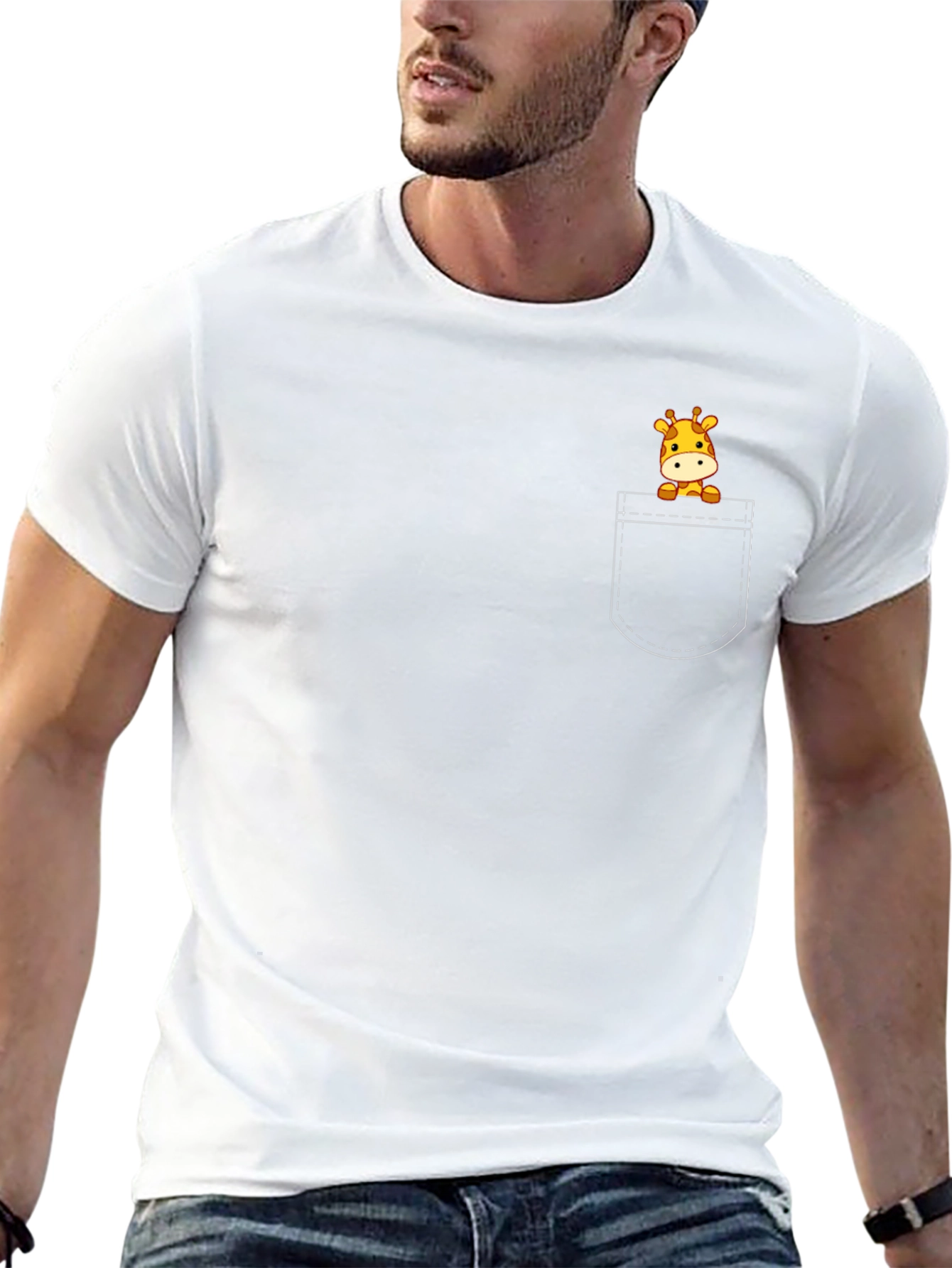 Giraffe Pocket Tee - Cute Cartoon Animal Shirt