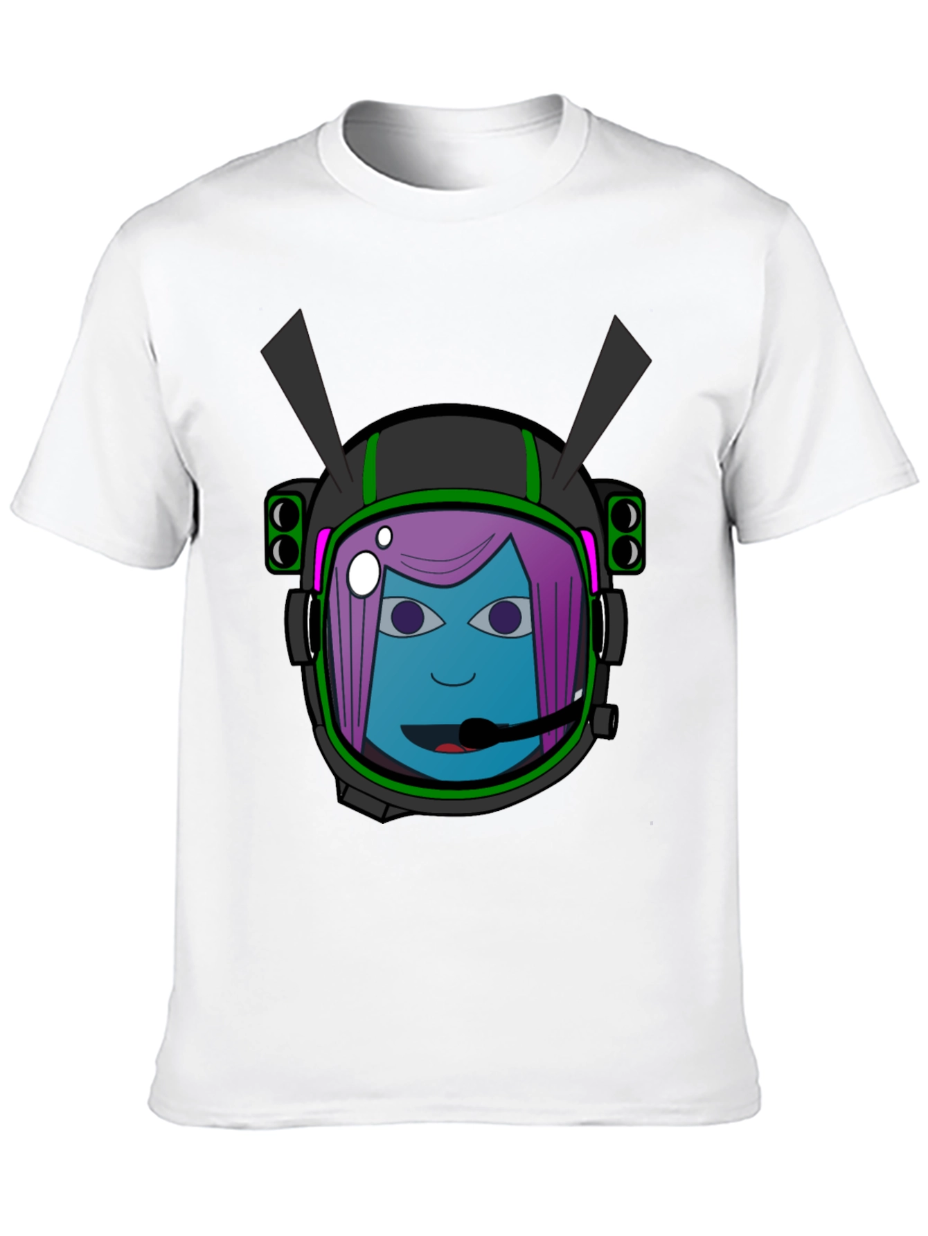 Graphic Tee: Retro Space Girl Helmet Black Cotton T-Shirt