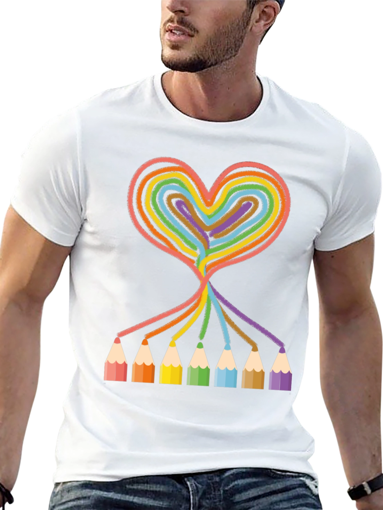 Rainbow Heart Pencil T-Shirt - Creative Art Tee