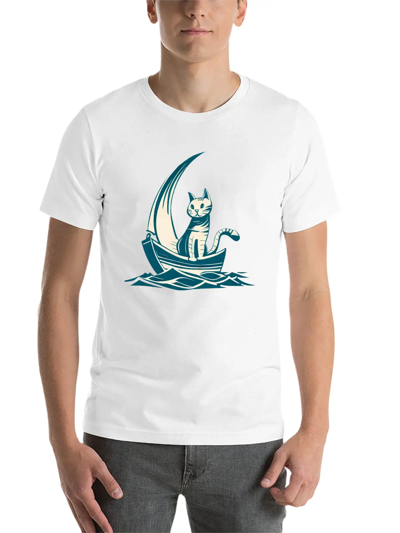 Abstract Minimalist Art - Cat On Boat Design Unisex Short Sleeve Soft Cotton T-Shirt – Casual Everyday Wear