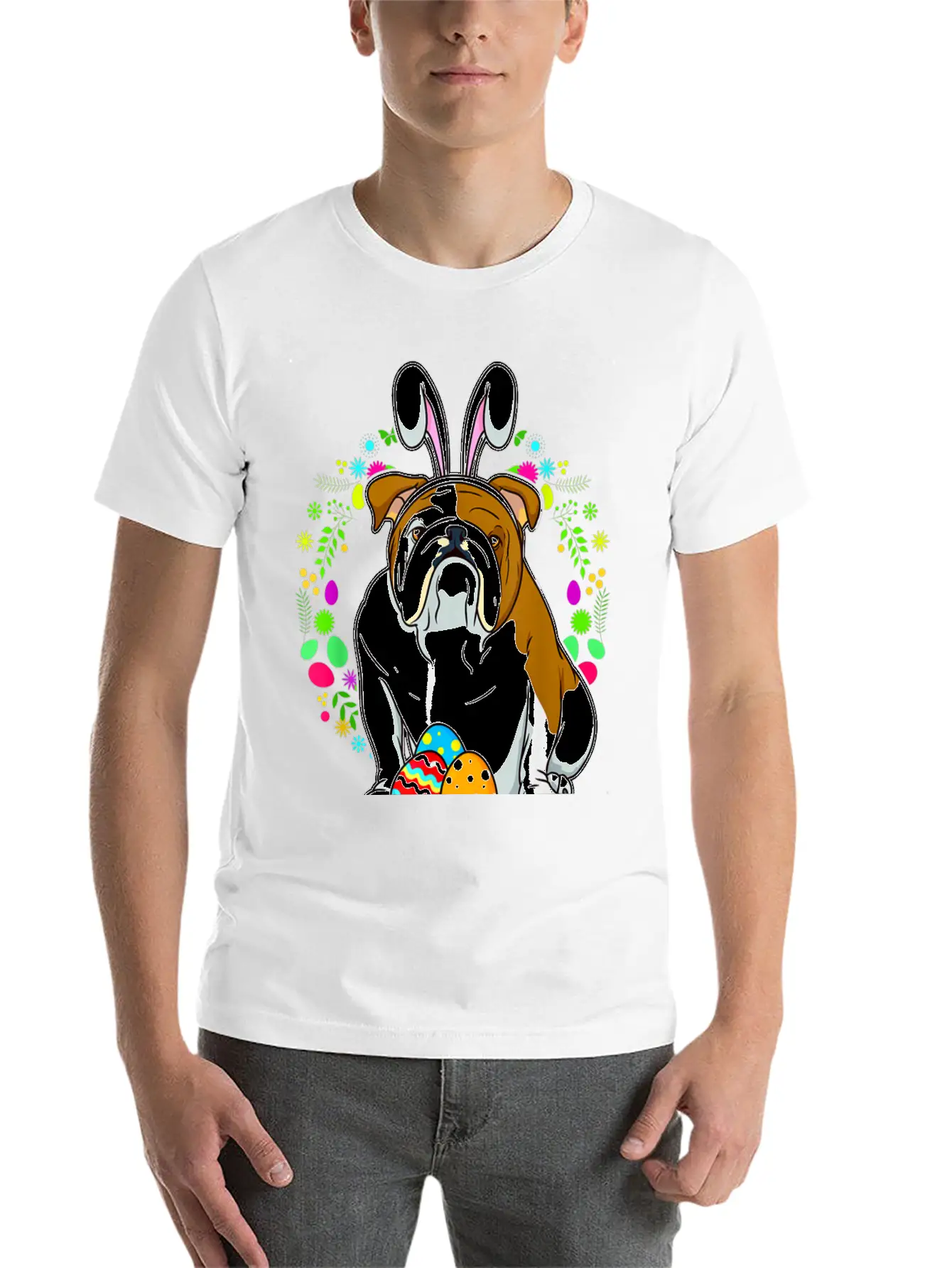 Adorable Bulldog In Bunny Ears T Shirt For Easter Unisex Short Sleeve Soft Cotton T-Shirt – Casual Everyday Wear