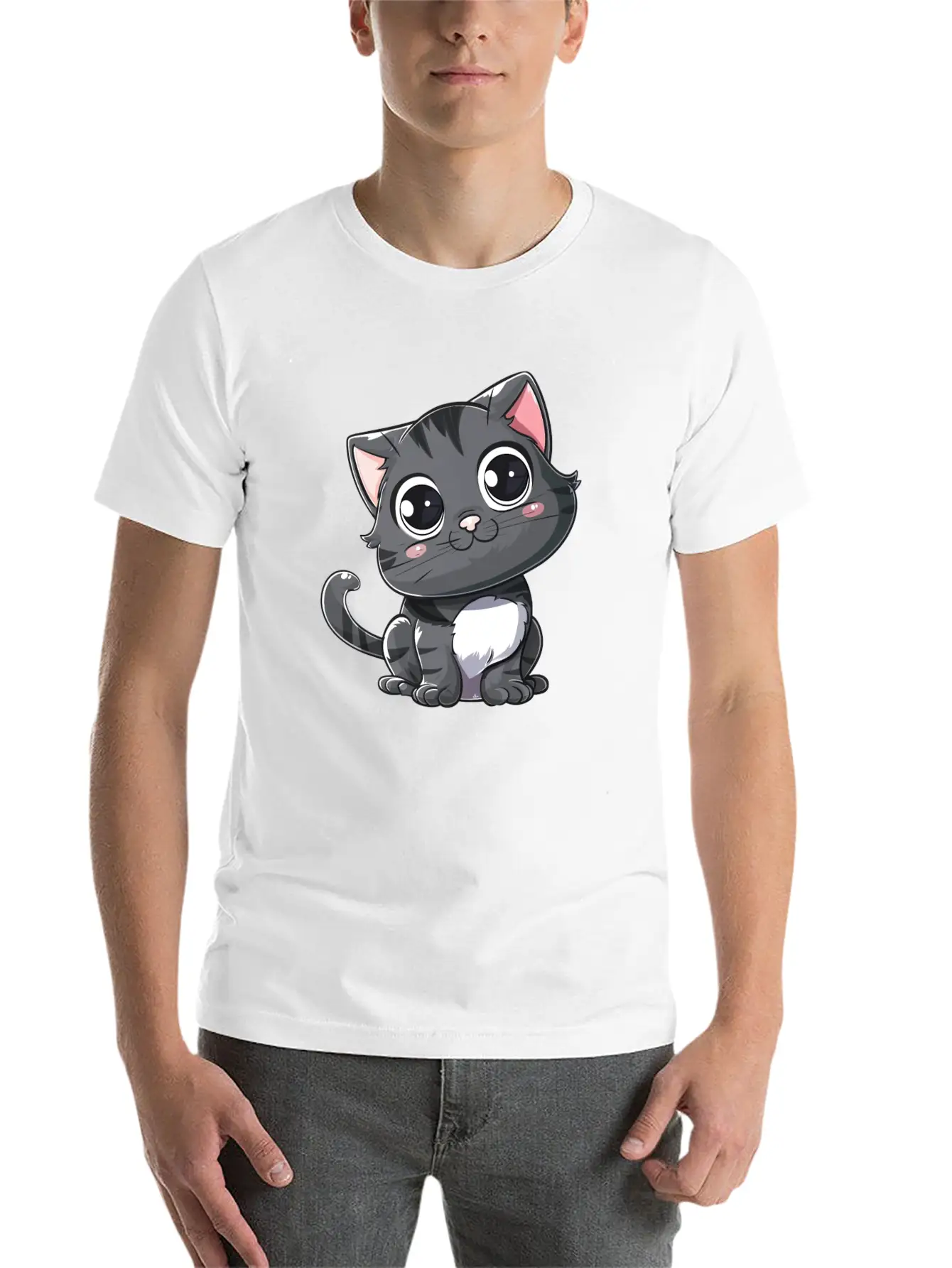 Adorable Charcoal Gray Kitten Portrait Stylish Everyday T-Shirt – Unisex Basic Cotton Tee