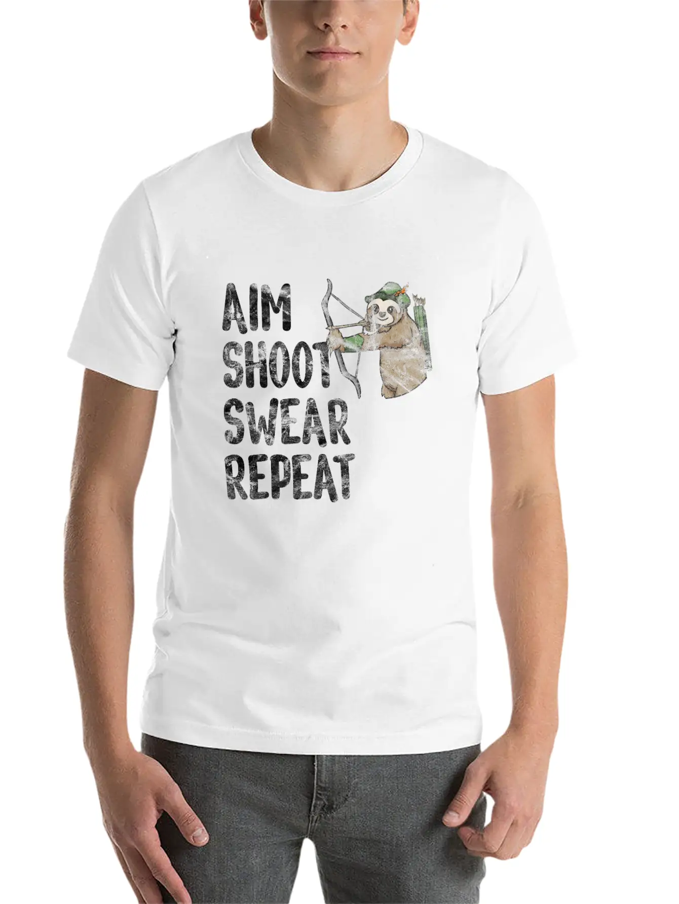 Aim Shoot Swear Repeat Sloth Bow Archery Basic Graphic T-Shirt – Daily Comfort In Soft Cotton