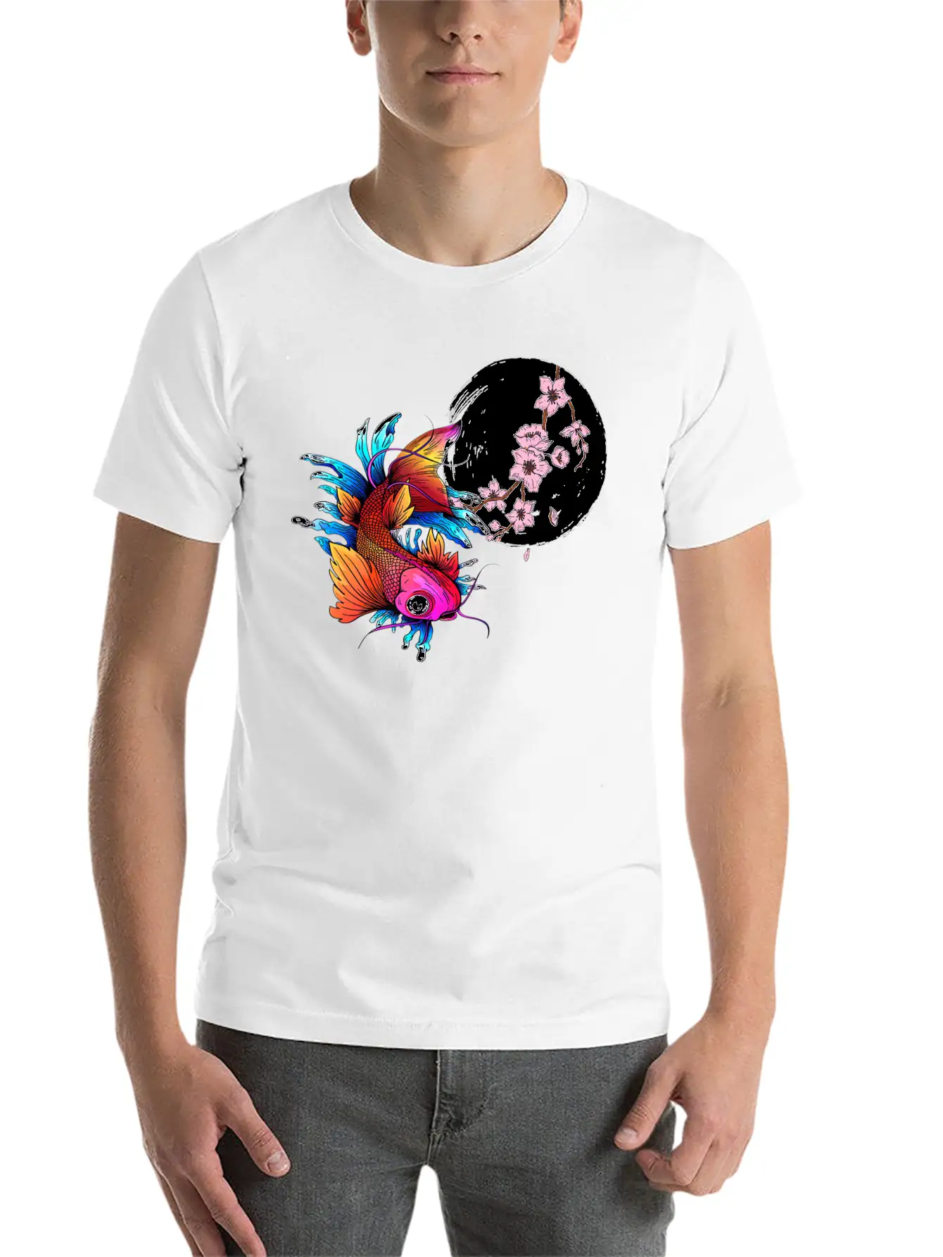 Asian Carp Koi Japanese Fish Cherry Blossom Flower Unisex Short Sleeve Soft Cotton T-Shirt – Casual Everyday Wear