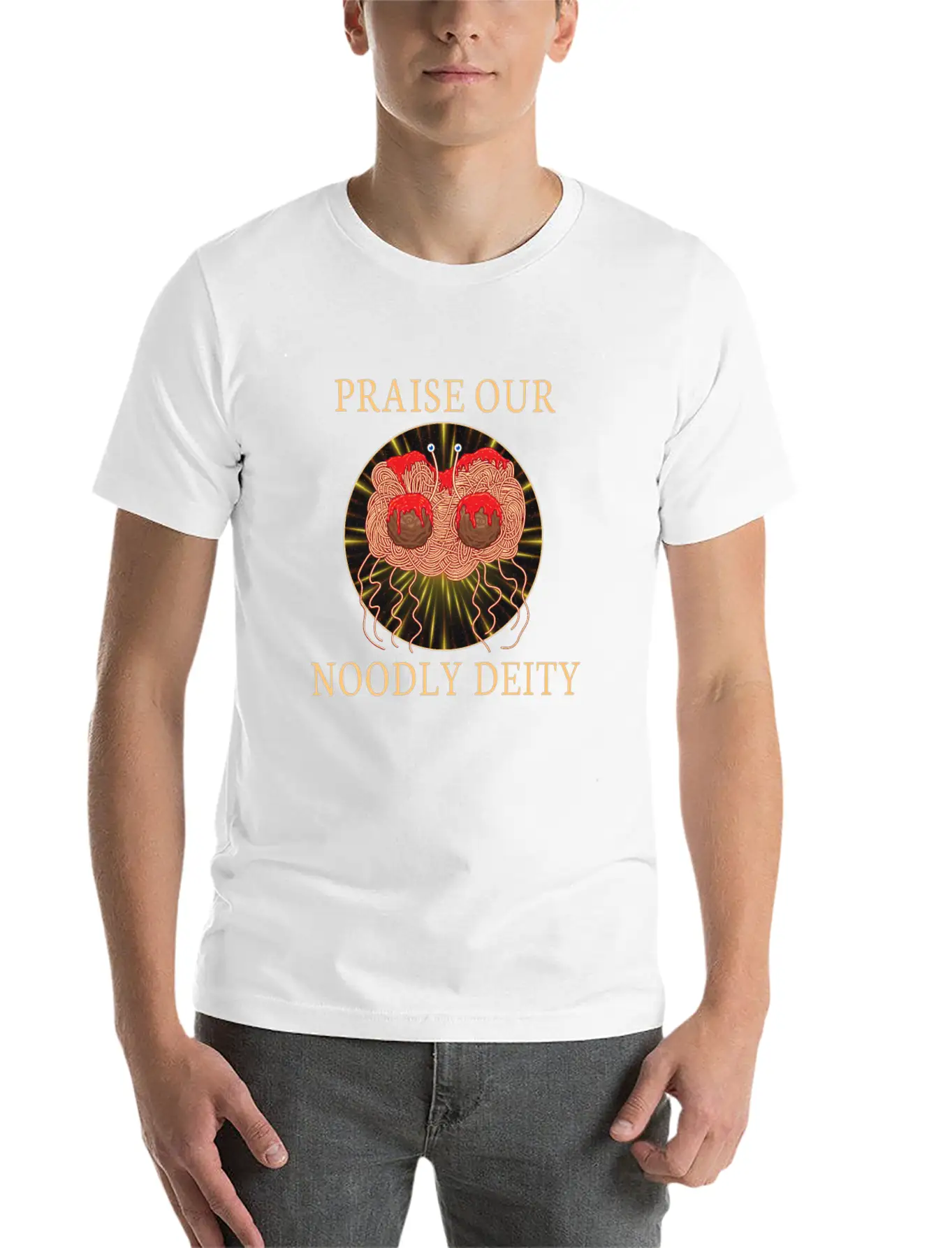 Atheist Atheism Flying Spaghetti Pastafarianism Stylish Everyday T-Shirt – Unisex Basic Cotton Tee