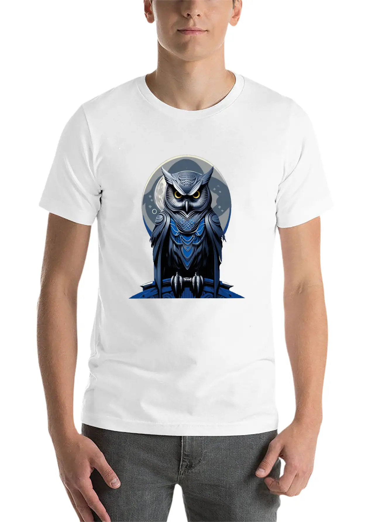 Azure Whispers Of Night: Mysterious Owl Fashion Comfortable Minimalist Graphic Tee – Summer Style Essential