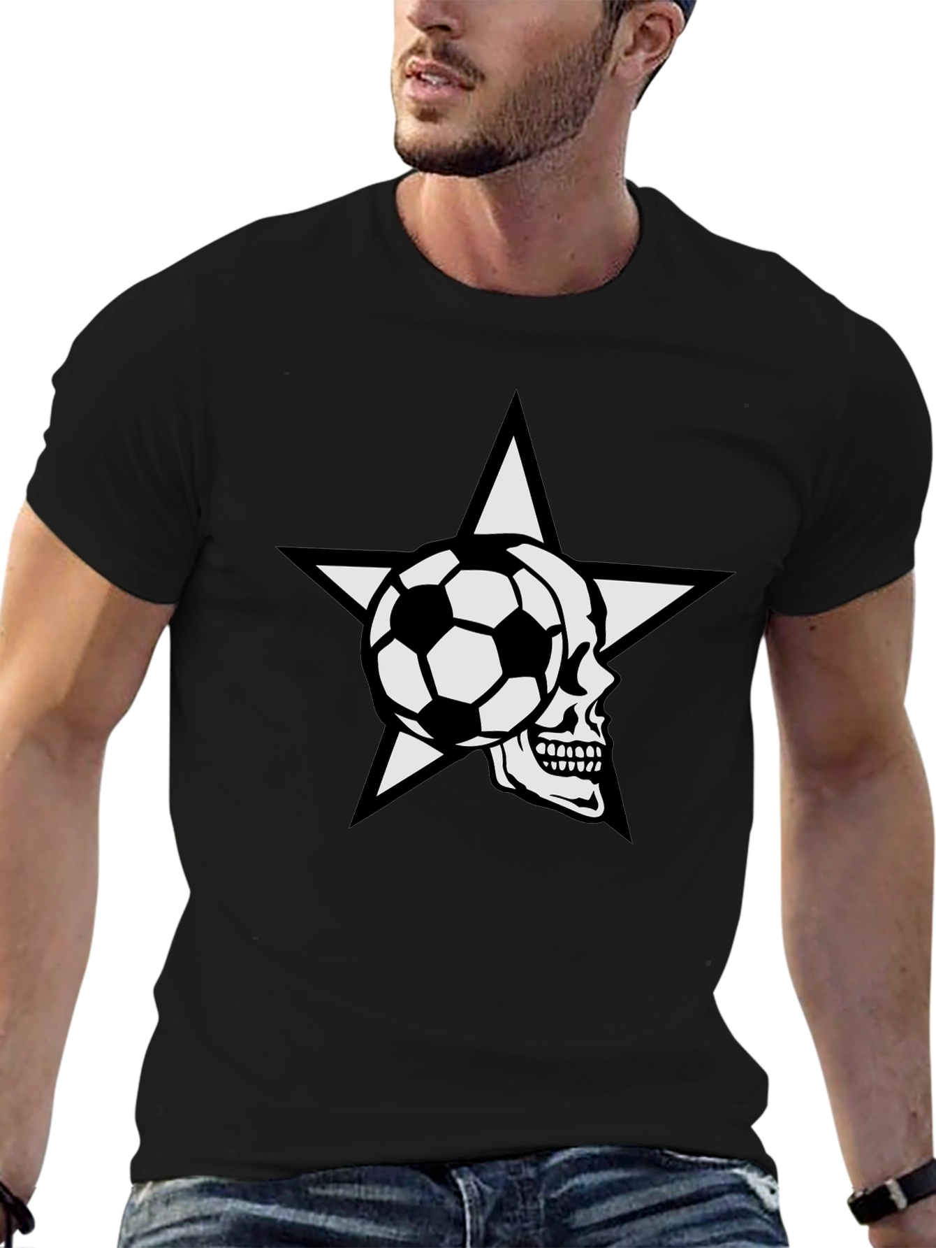 Soccer Skull Star Graphic Tee - Black Cotton T-Shirt