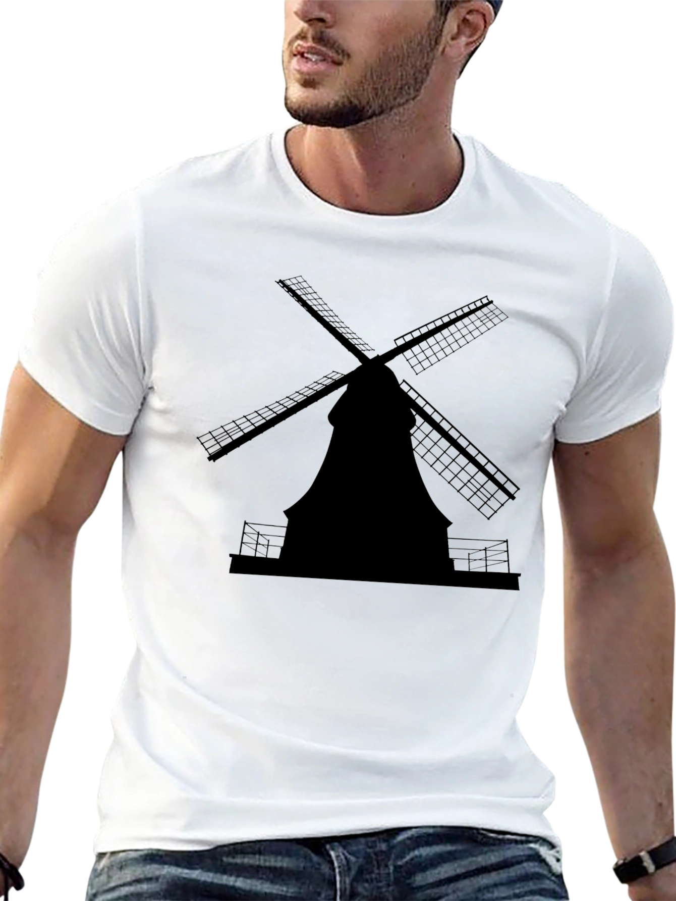 Dutch Windmill Silhouette Tee - Classic Black Cotton T-Shirt