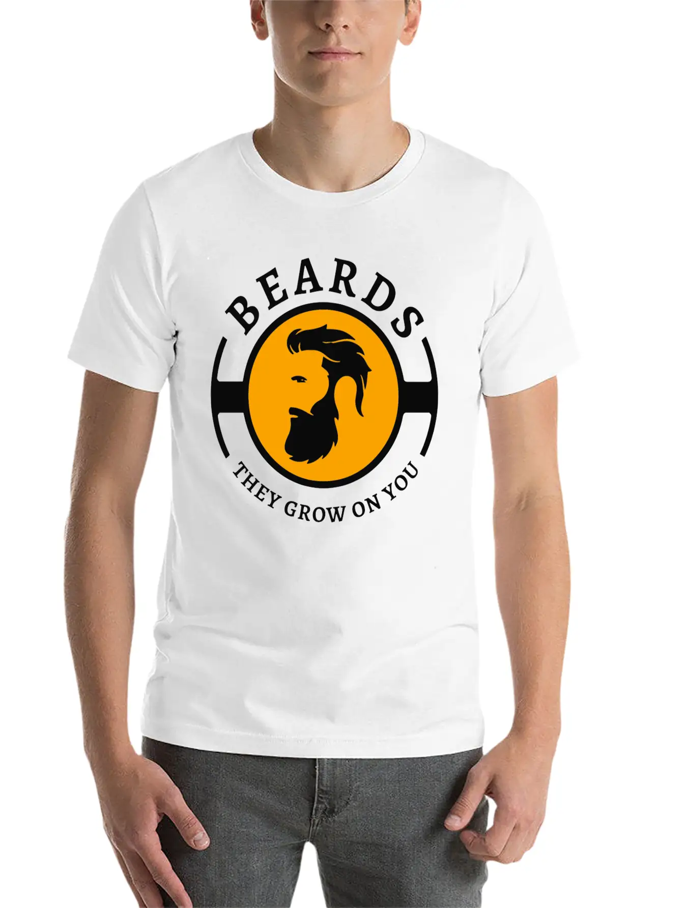 Beards, They Grow On You | Minimal Orange Design Unisex Short Sleeve Soft Cotton T-Shirt – Casual Everyday Wear