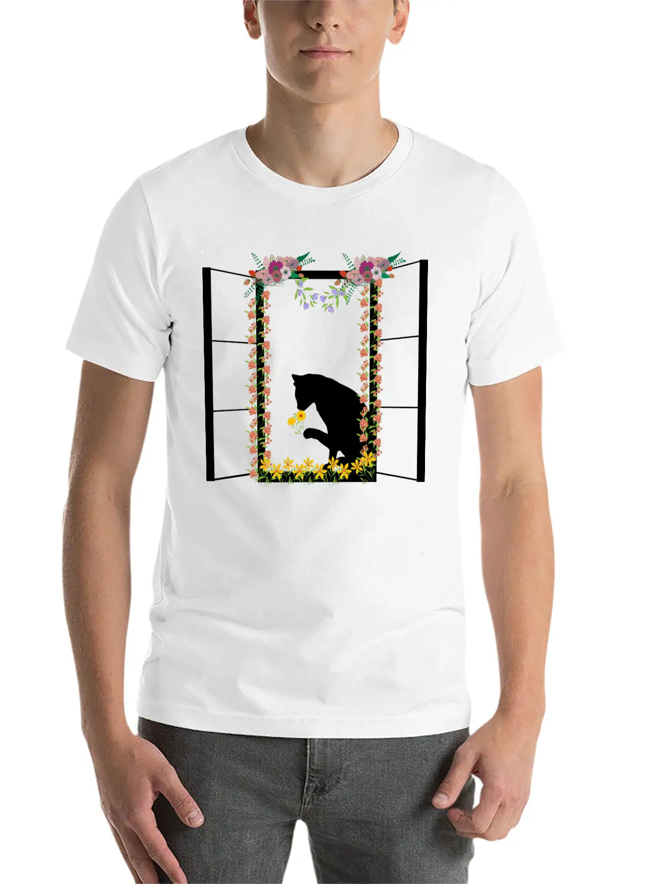 Black Cat With Flower Unisex Short Sleeve Soft Cotton T-Shirt – Casual Everyday Wear