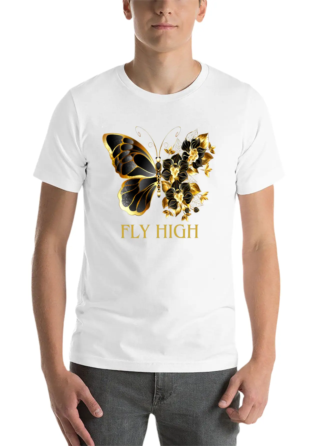 Black & Gold Butterfly With Floral Side Design Timeless Short Sleeve Tee – Comfy And Minimalist Design