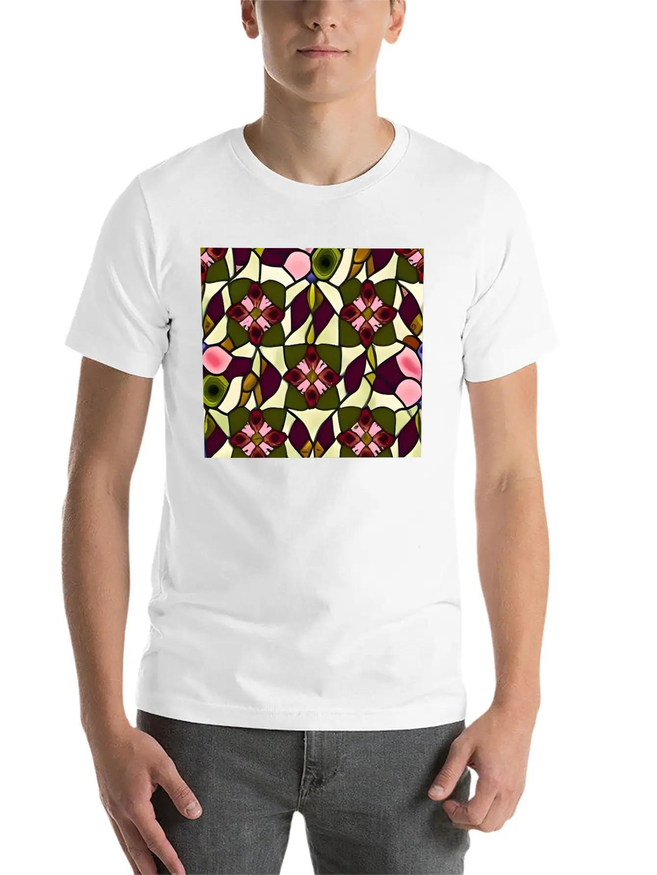 Bold Floral Medallion Stained Glass Pattern Basic Graphic T-Shirt – Daily Comfort In Soft Cotton