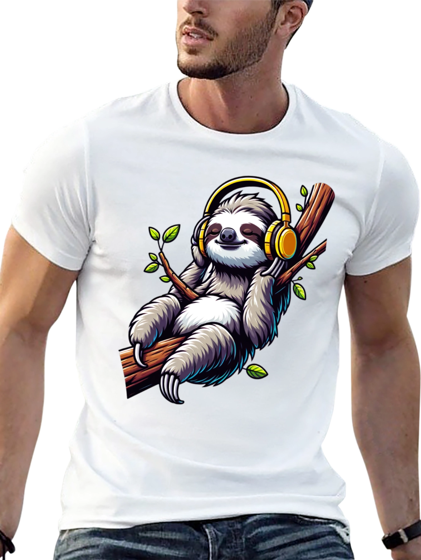 Sloth with Headphones Graphic T-Shirt