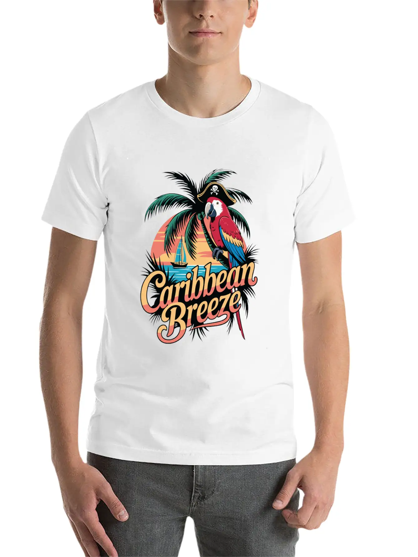 Caribbean Breeze Pirate Parrot Tropical Vacation Unisex Short Sleeve Soft Cotton T-Shirt – Casual Everyday Wear