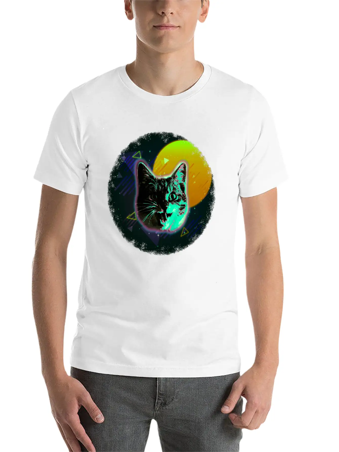 Cat Face Shirt Trippy Neon Rave 80s Disco Retro Kitten Tee Unisex Short Sleeve Soft Cotton T-Shirt – Casual Everyday Wear