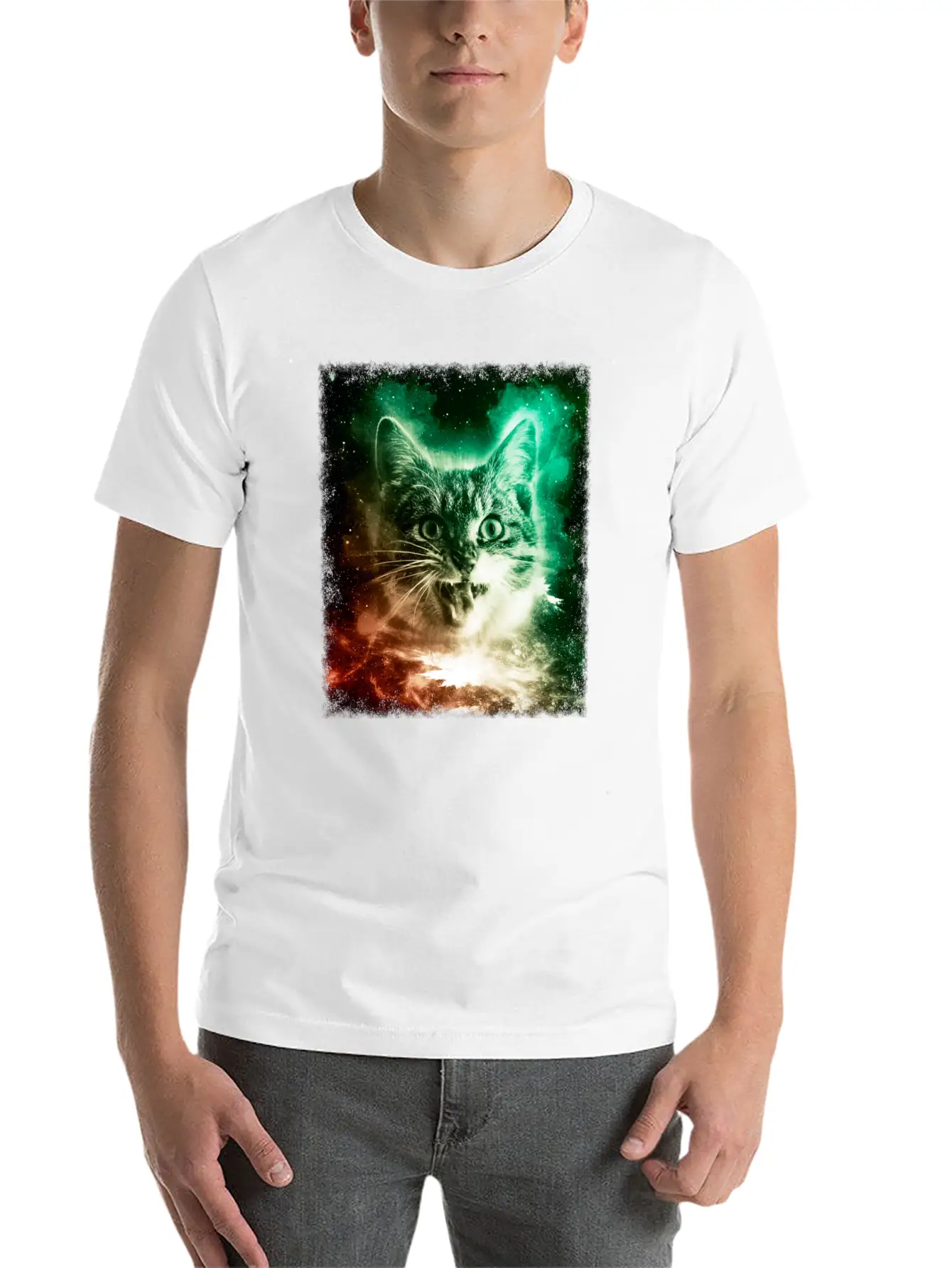 Cat In Space Shirt Trippy Galaxy Cosmic Retro Kitten T Shirt Stylish Everyday T-Shirt – Unisex Basic Cotton Tee