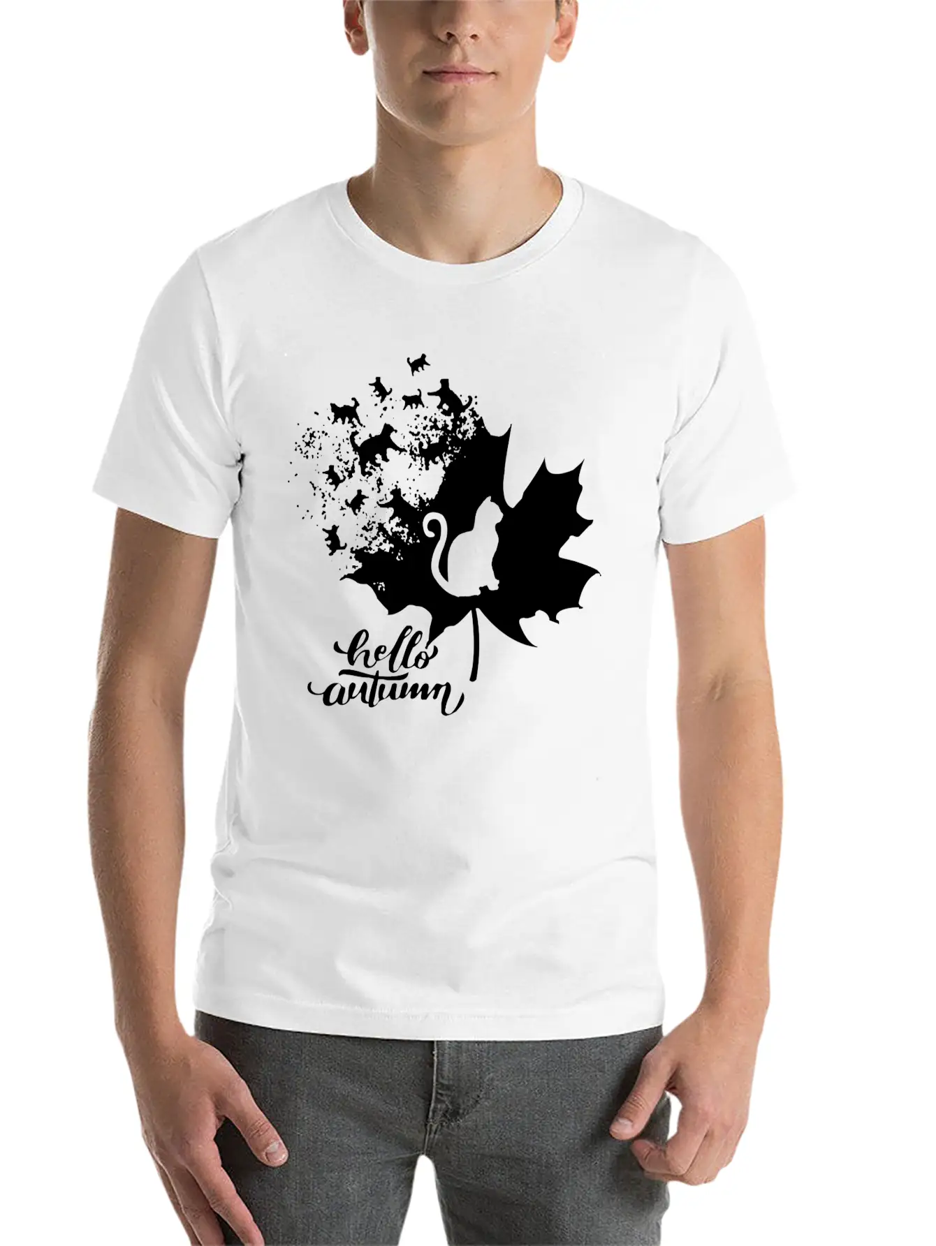 Cat Leaf Fall Hello Autumn Stylish Everyday T-Shirt – Unisex Basic Cotton Tee
