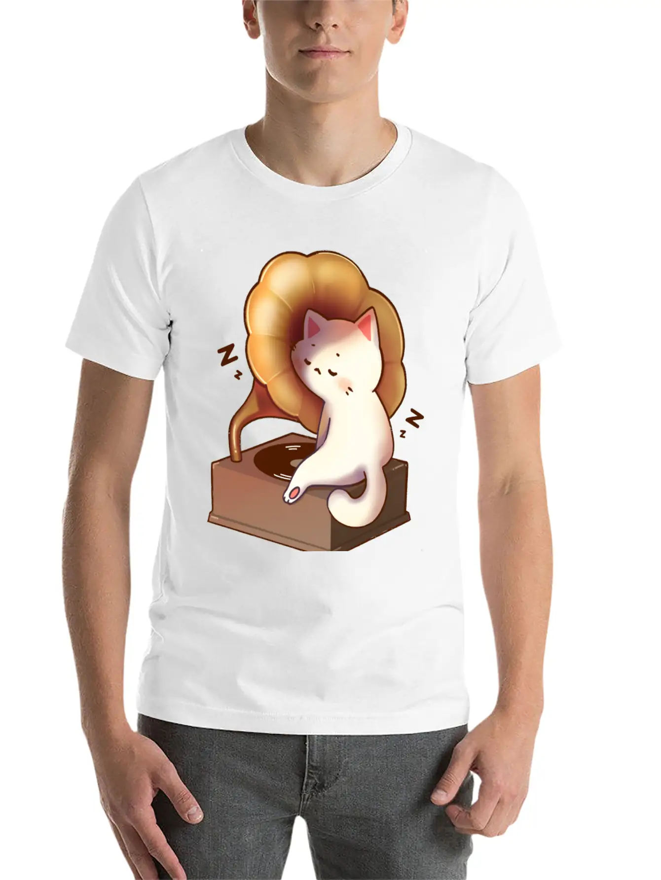 Cat Napping In Record Player Stylish Everyday T-Shirt – Unisex Basic Cotton Tee