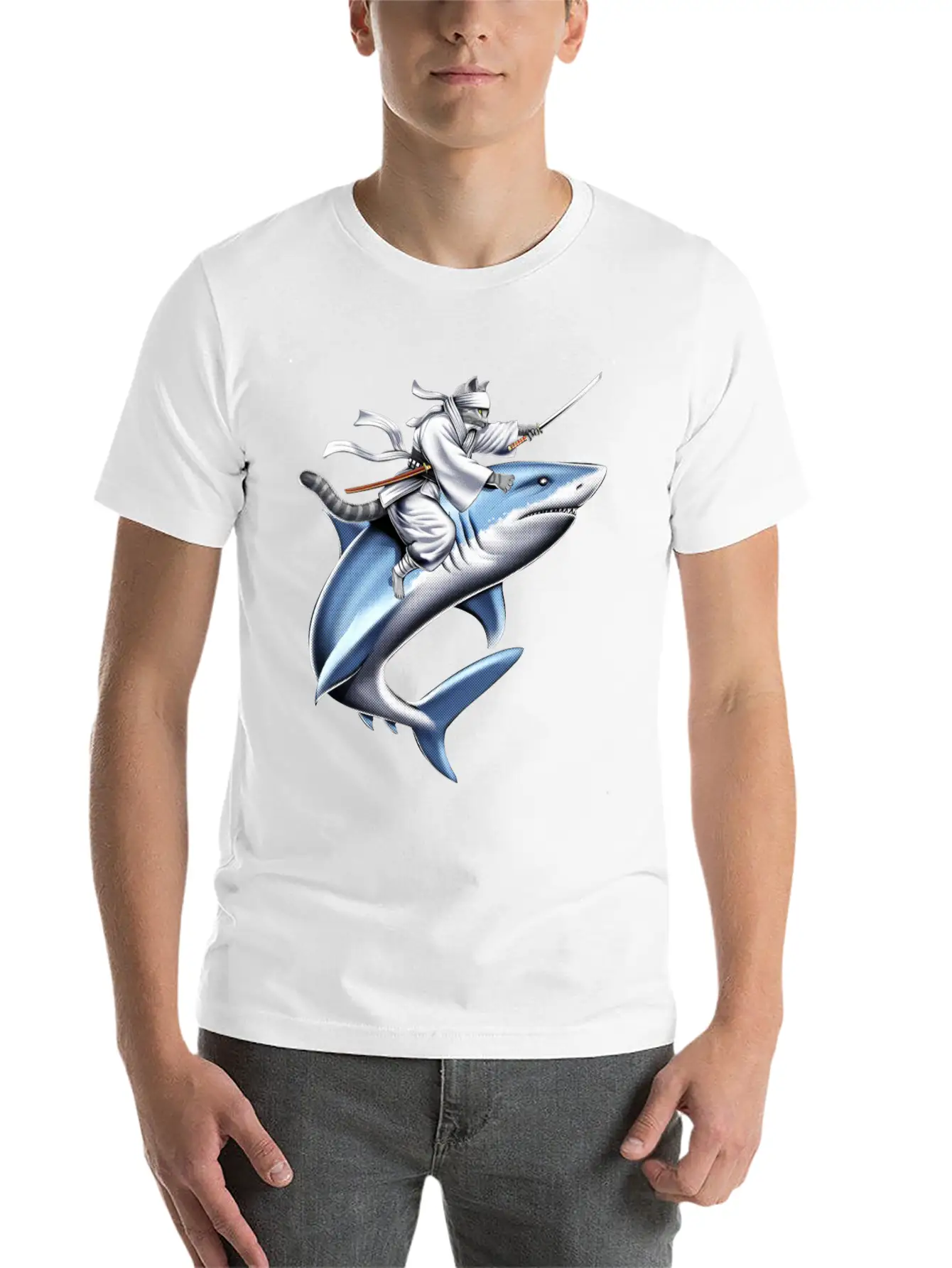Cat Ninja Riding Shark Essential Unisex Summer Tee – Soft Cotton Casual Fit