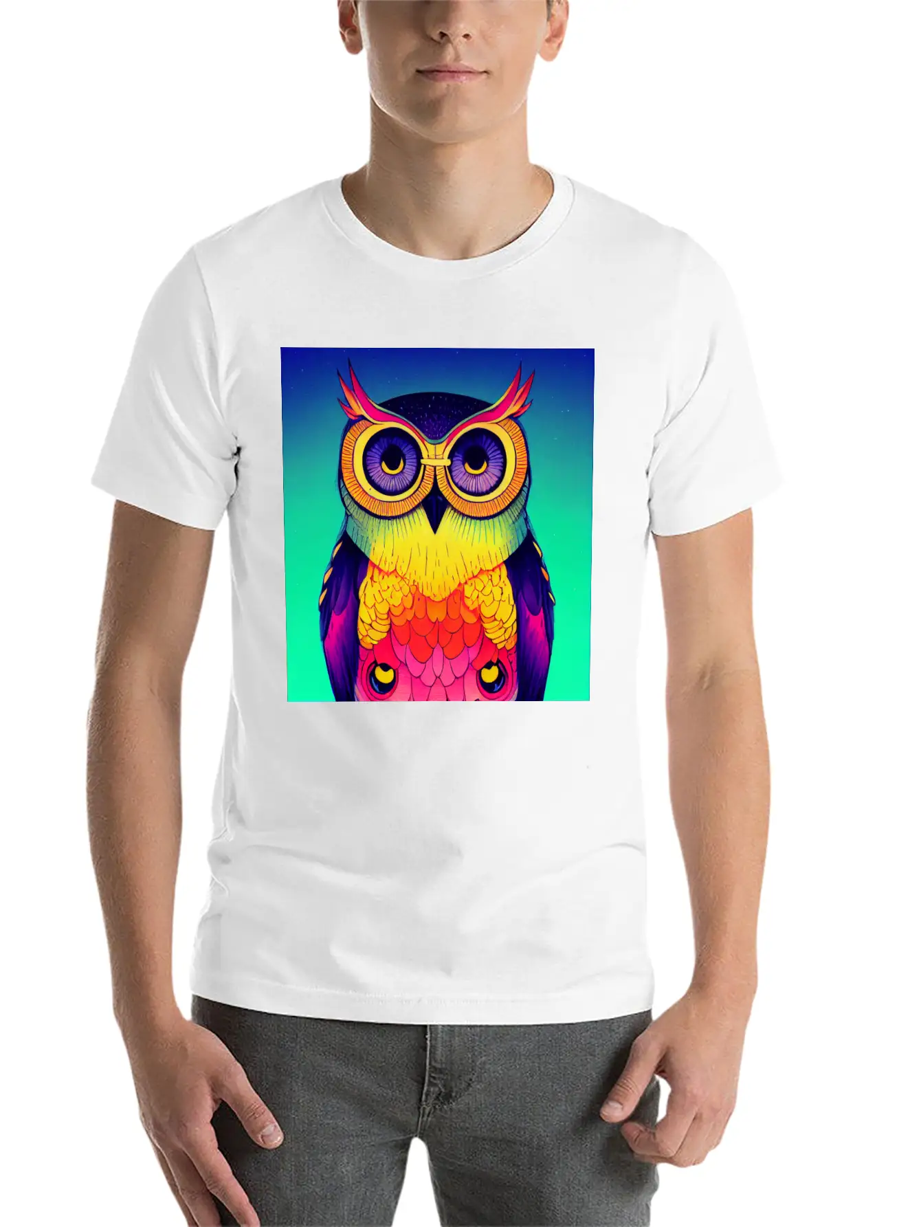 Colorful Owl Portrait Illustration - Forest Animal Basic Graphic T-Shirt – Daily Comfort In Soft Cotton