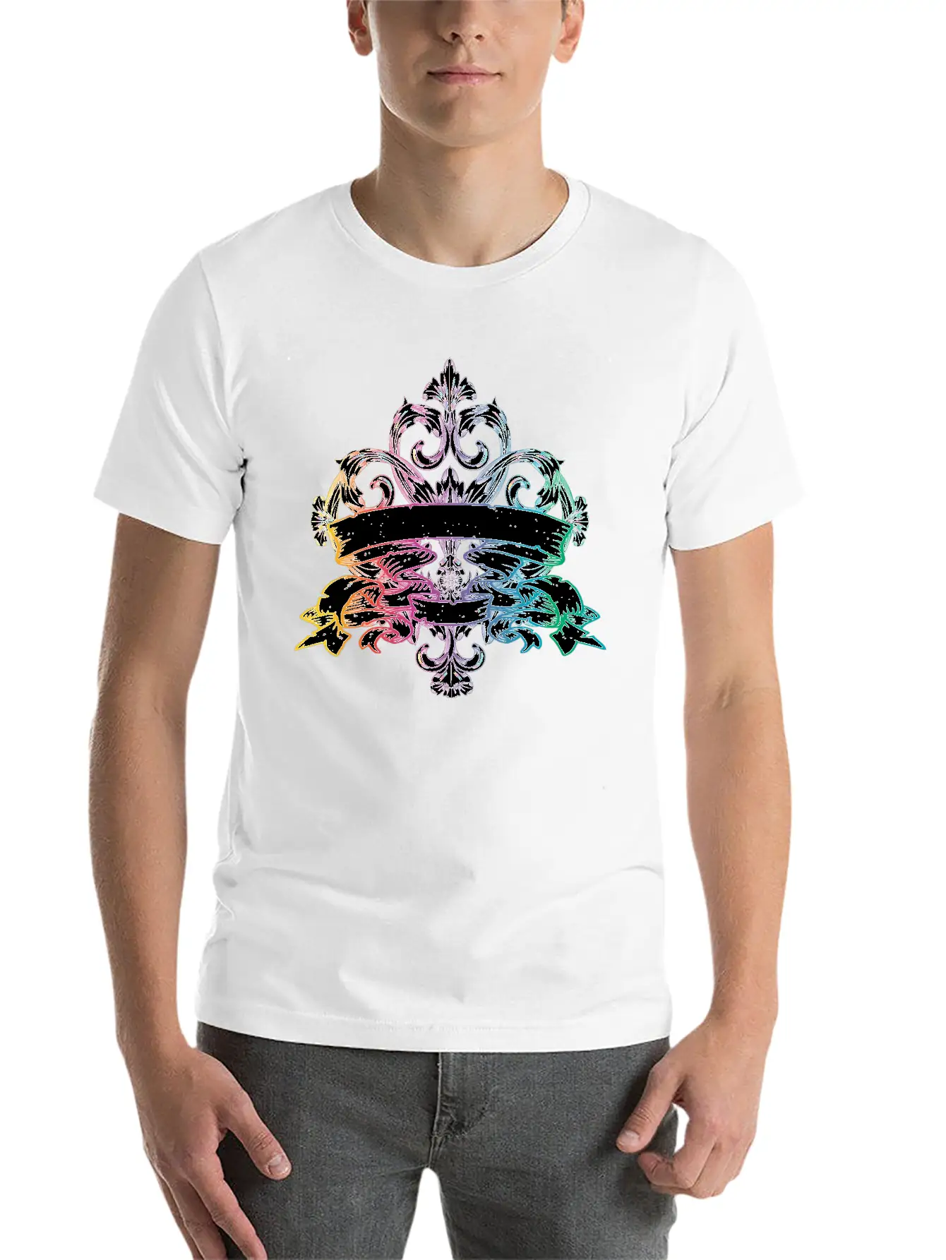 Colorful Shimmering Baroque Ornament With Banner Stylish Everyday T-Shirt – Unisex Basic Cotton Tee