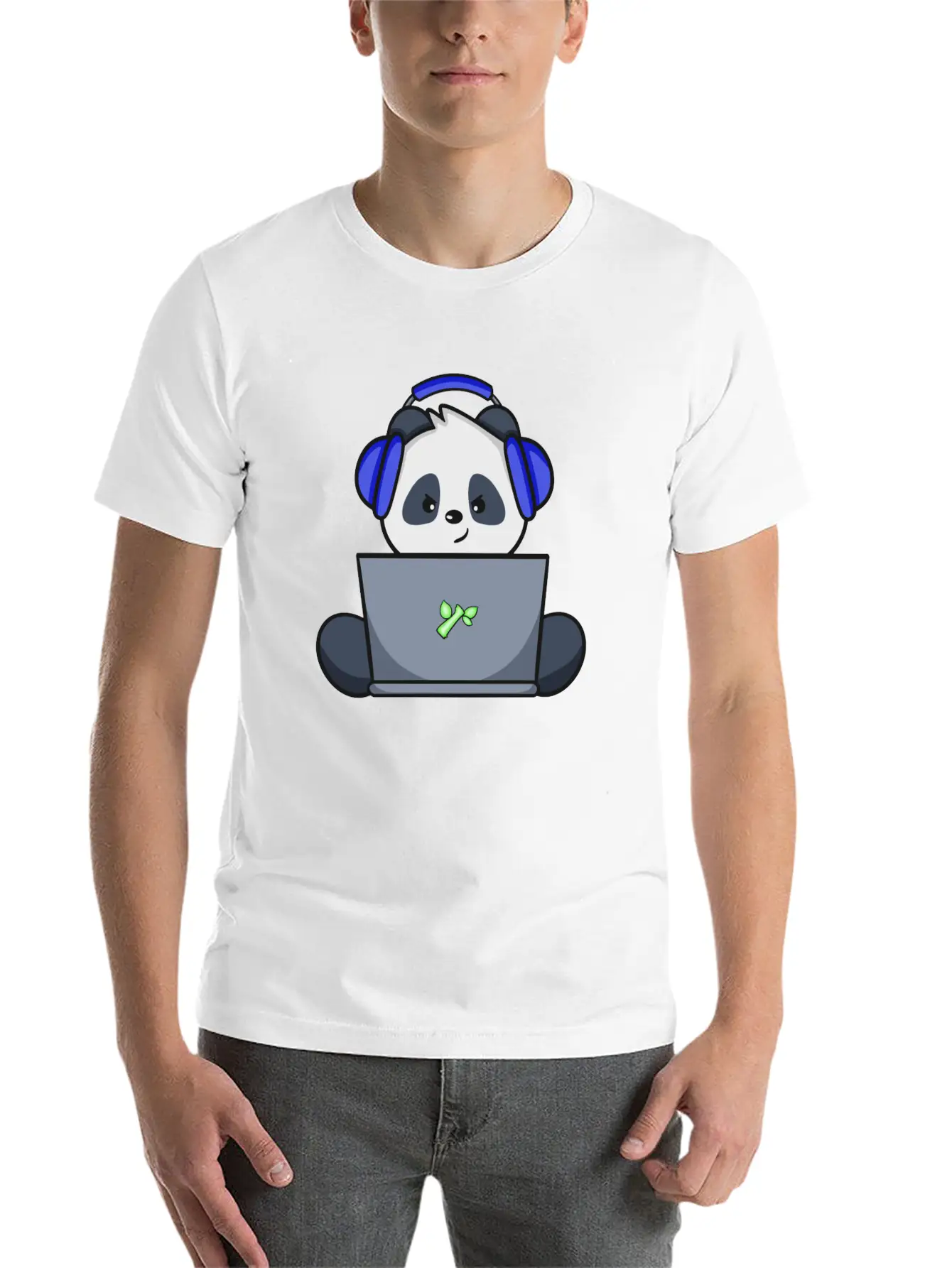Cute Panda With Blue Headset Gaming Unisex Short Sleeve Soft Cotton T-Shirt – Casual Everyday Wear