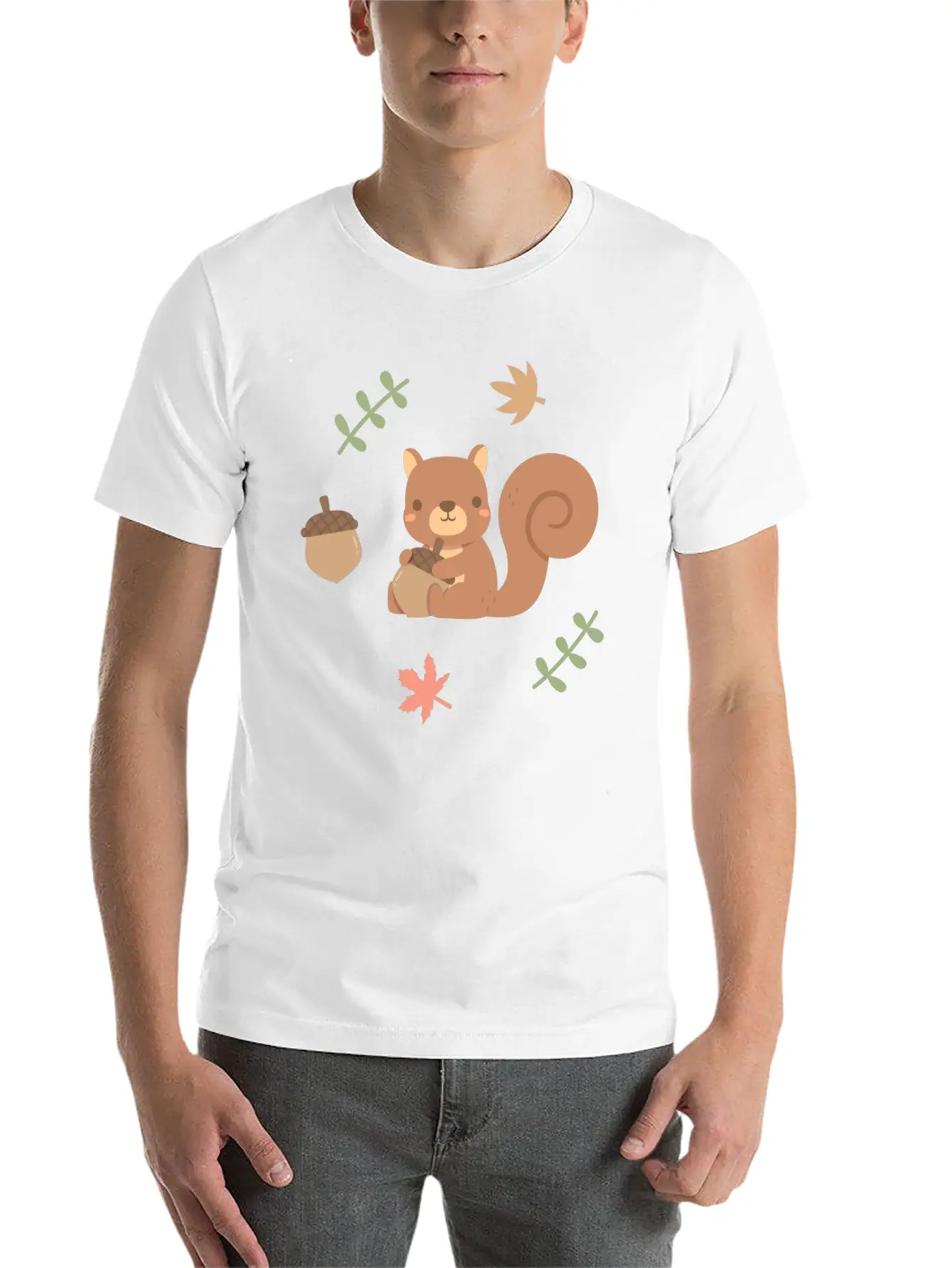 Cute Squirrel Acorn Autumn Leaves Pattern Stylish Everyday T-Shirt – Unisex Basic Cotton Tee