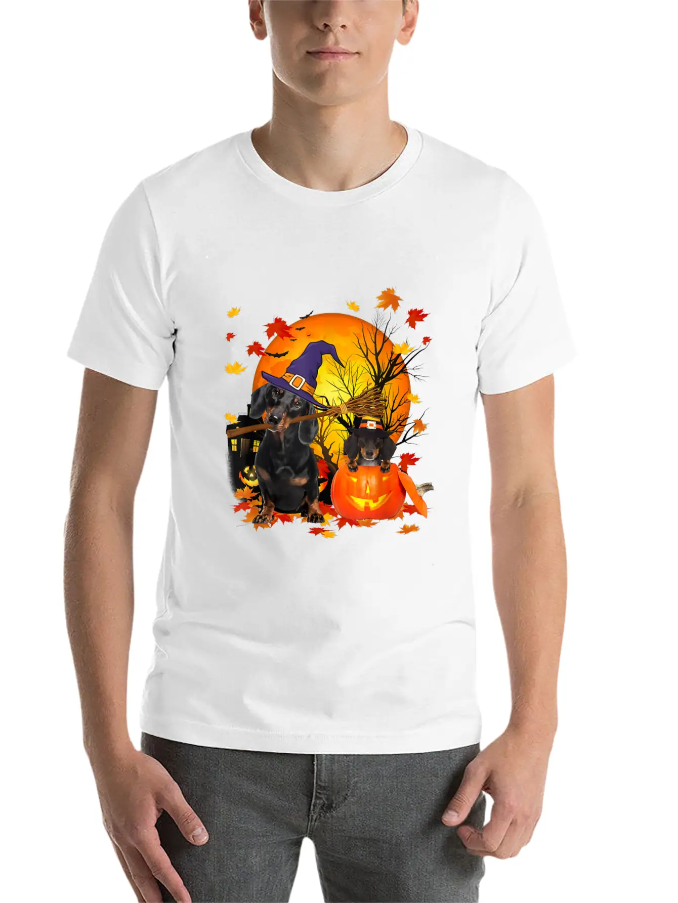 Dachshund Dog Autumn Halloween And Pumpkins Unisex Short Sleeve Soft Cotton T-Shirt – Casual Everyday Wear