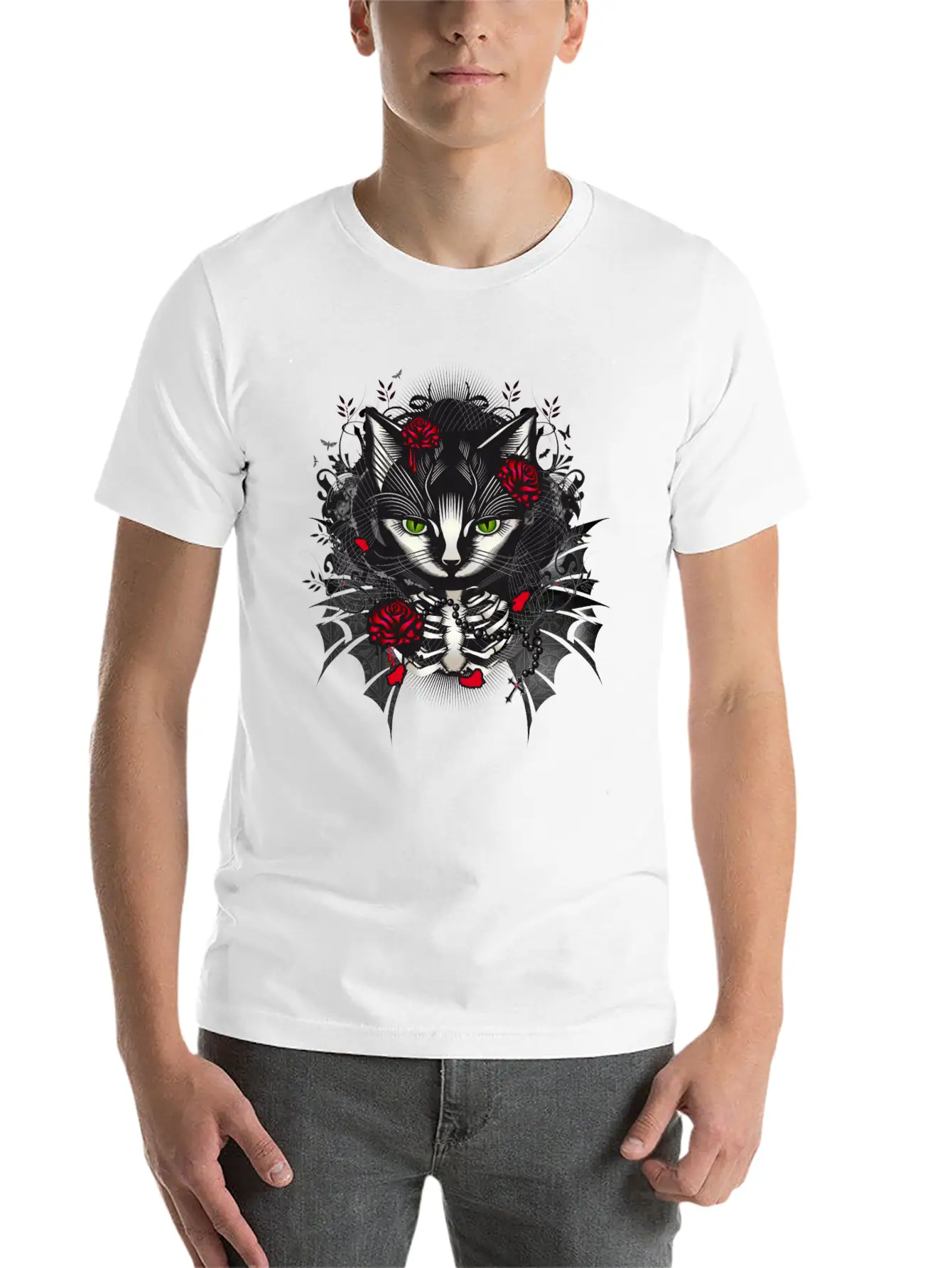 Dark Gothic Cat Portrait With Red Roses Relaxed Everyday Tee – Lightweight And Durable Cotton