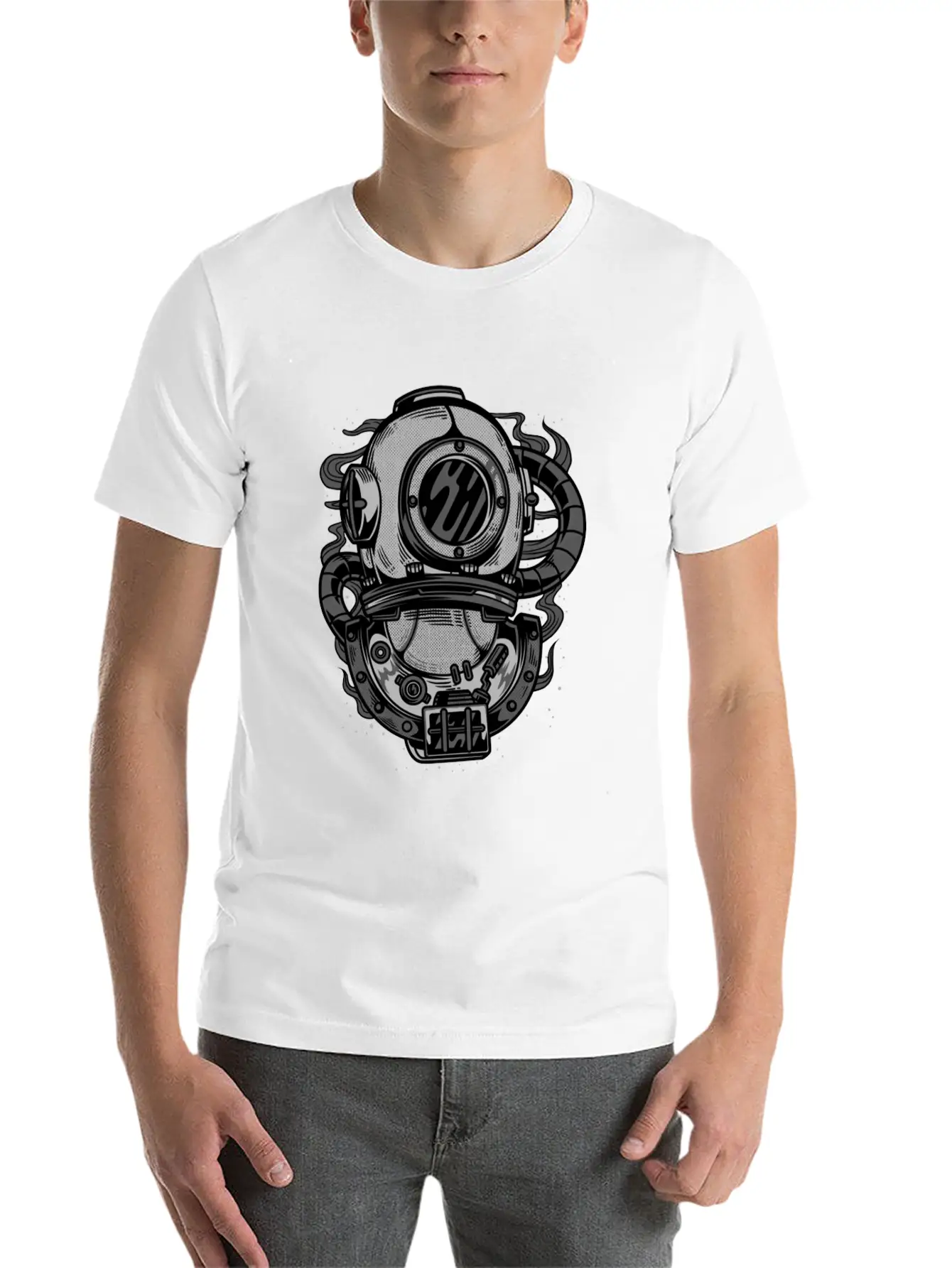 Diving Helmet - Scuba Diver In Retro Grunge Style Unisex Short Sleeve Soft Cotton T-Shirt – Casual Everyday Wear