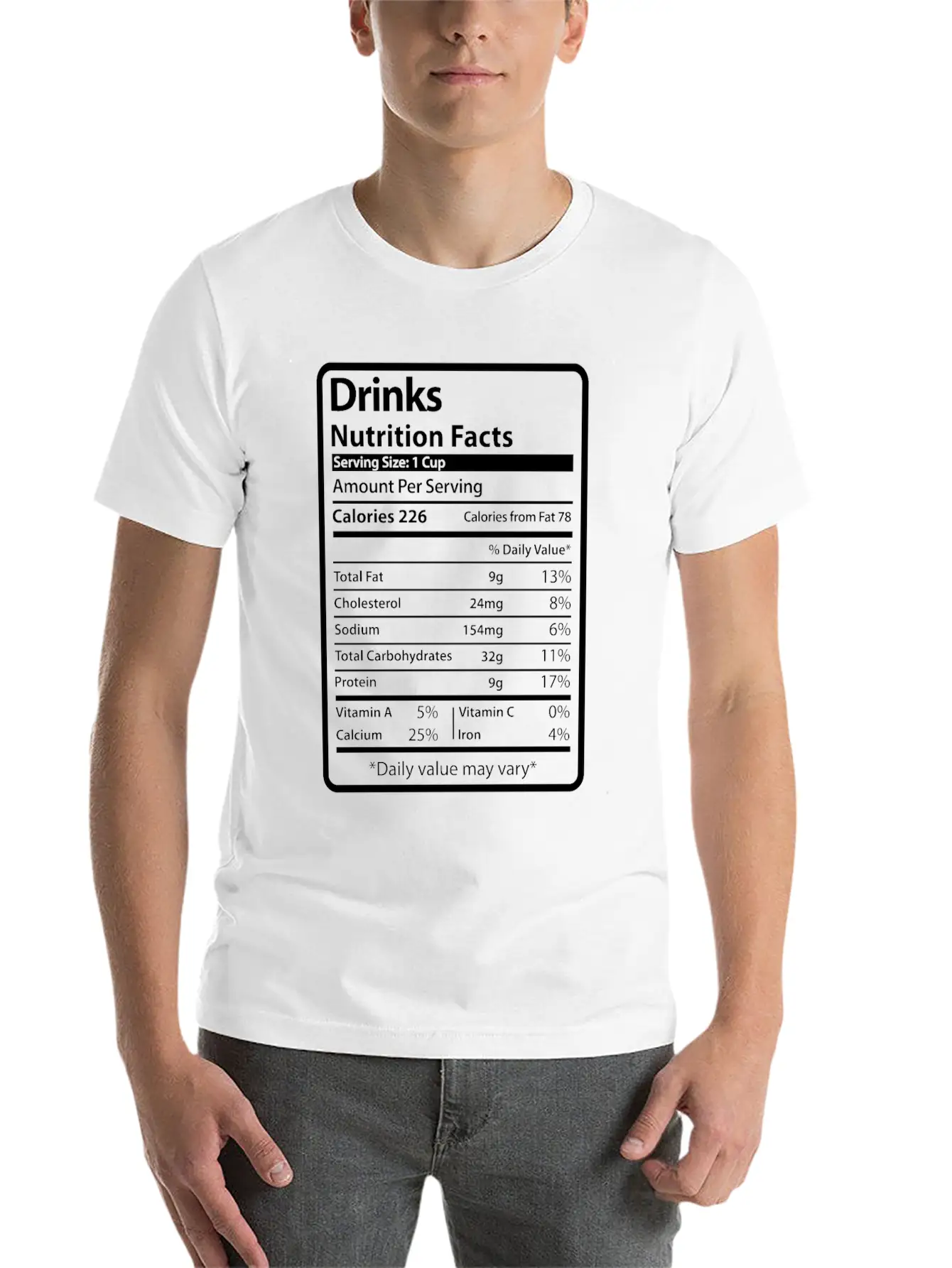 Drinks Funny Nutrition Facts Unisex Short Sleeve Soft Cotton T-Shirt – Casual Everyday Wear