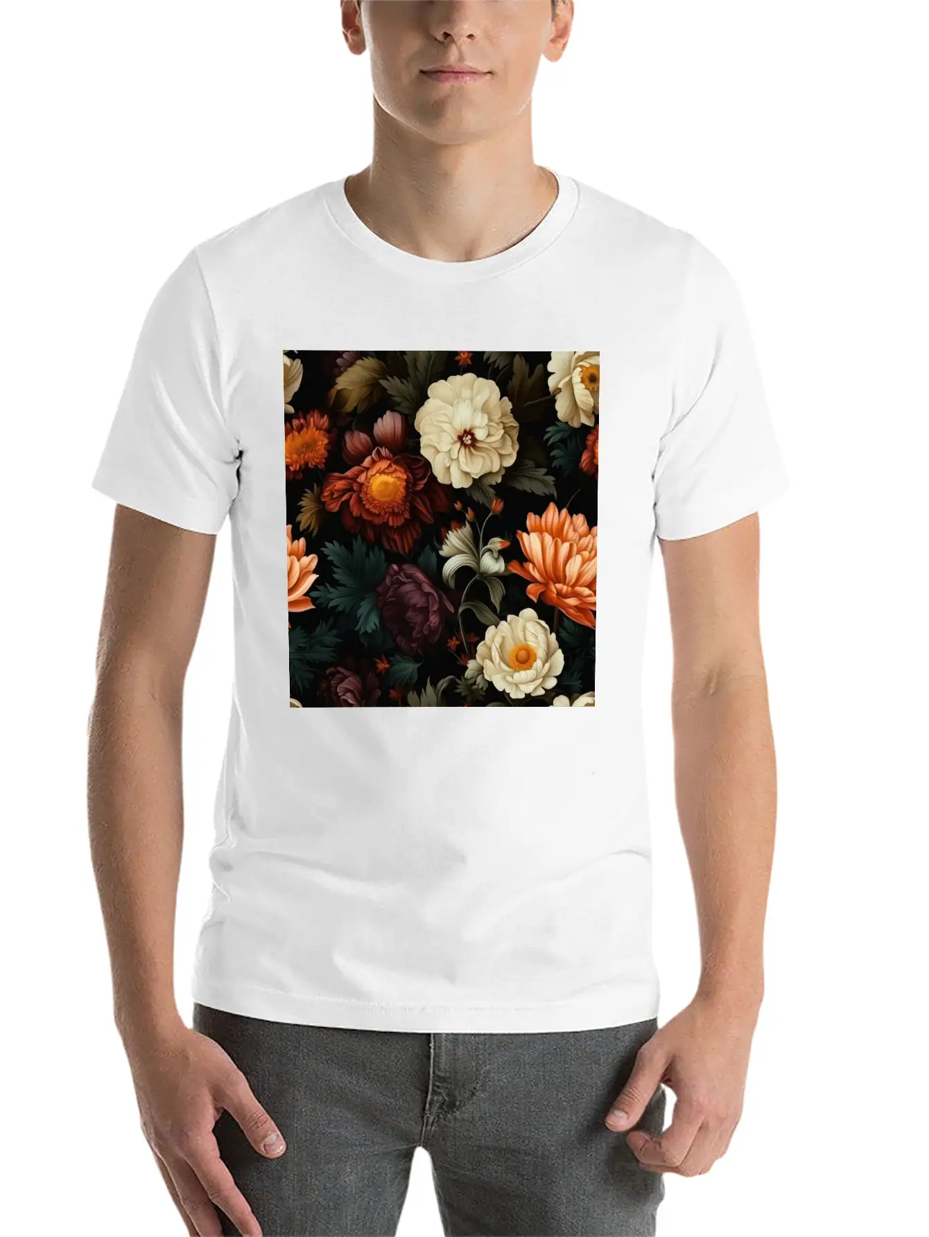 Dutch Nocturne: Luminous Floral Pastoral On Black Unisex Casual T-Shirt – Clean Design For Daily Comfort