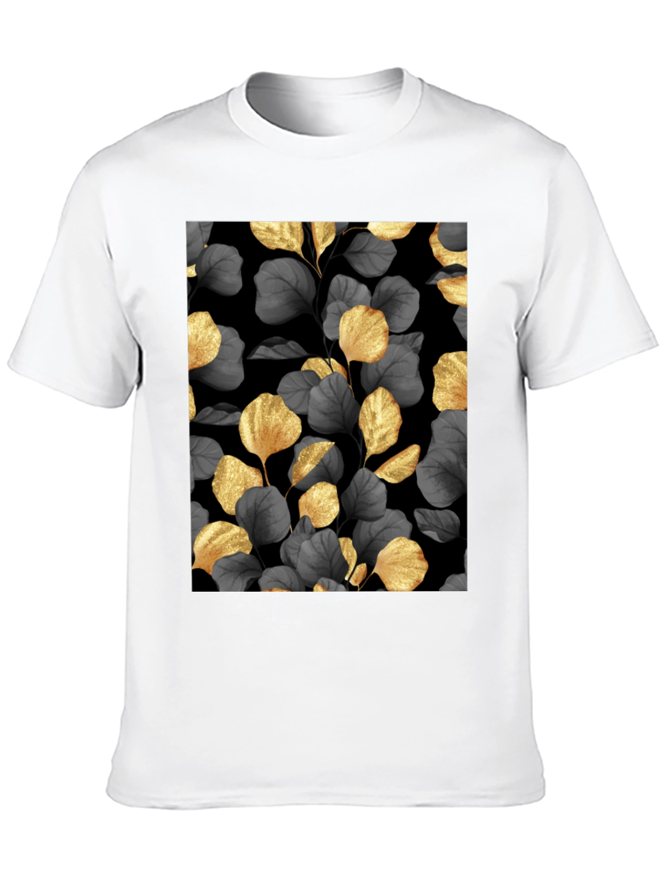 Elegant Gold Leaf Print Black T-Shirt