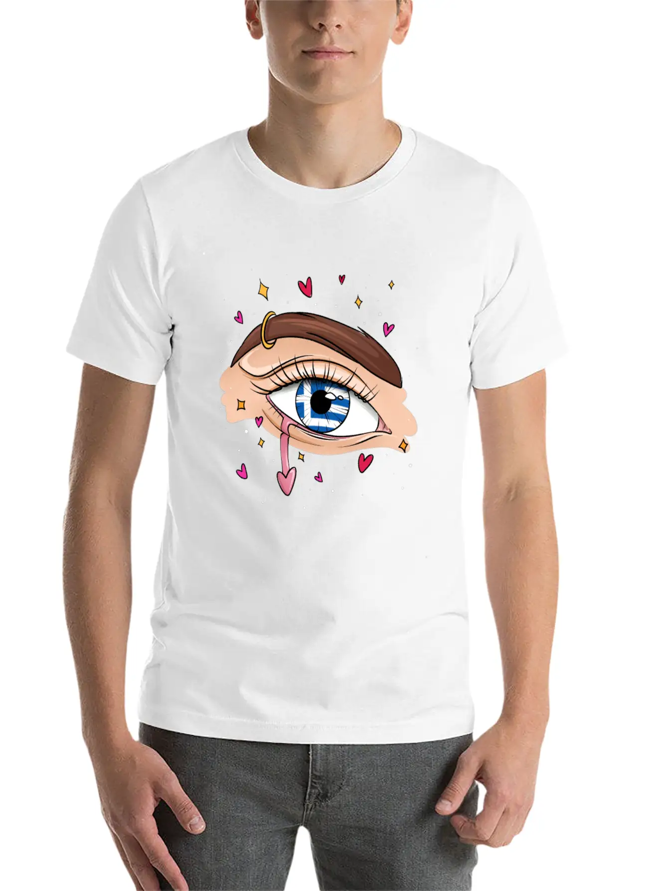 Eyes With Greek Flag Unisex Short Sleeve Soft Cotton T-Shirt – Casual Everyday Wear