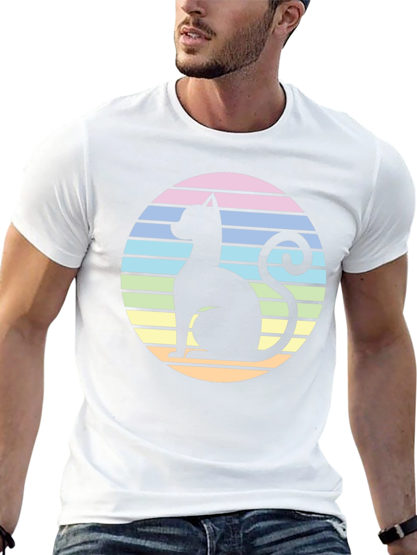Retro Cat Silhouette T-Shirt - Striped Circle Design