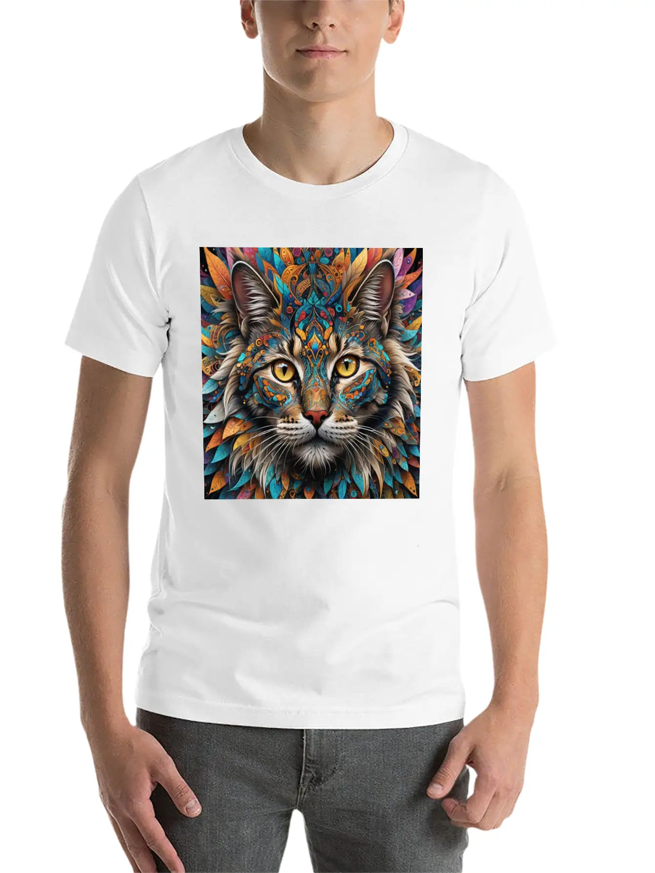 Face Of A Cat Remixed With A Pattern Design Unisex Short Sleeve Soft Cotton T-Shirt – Casual Everyday Wear