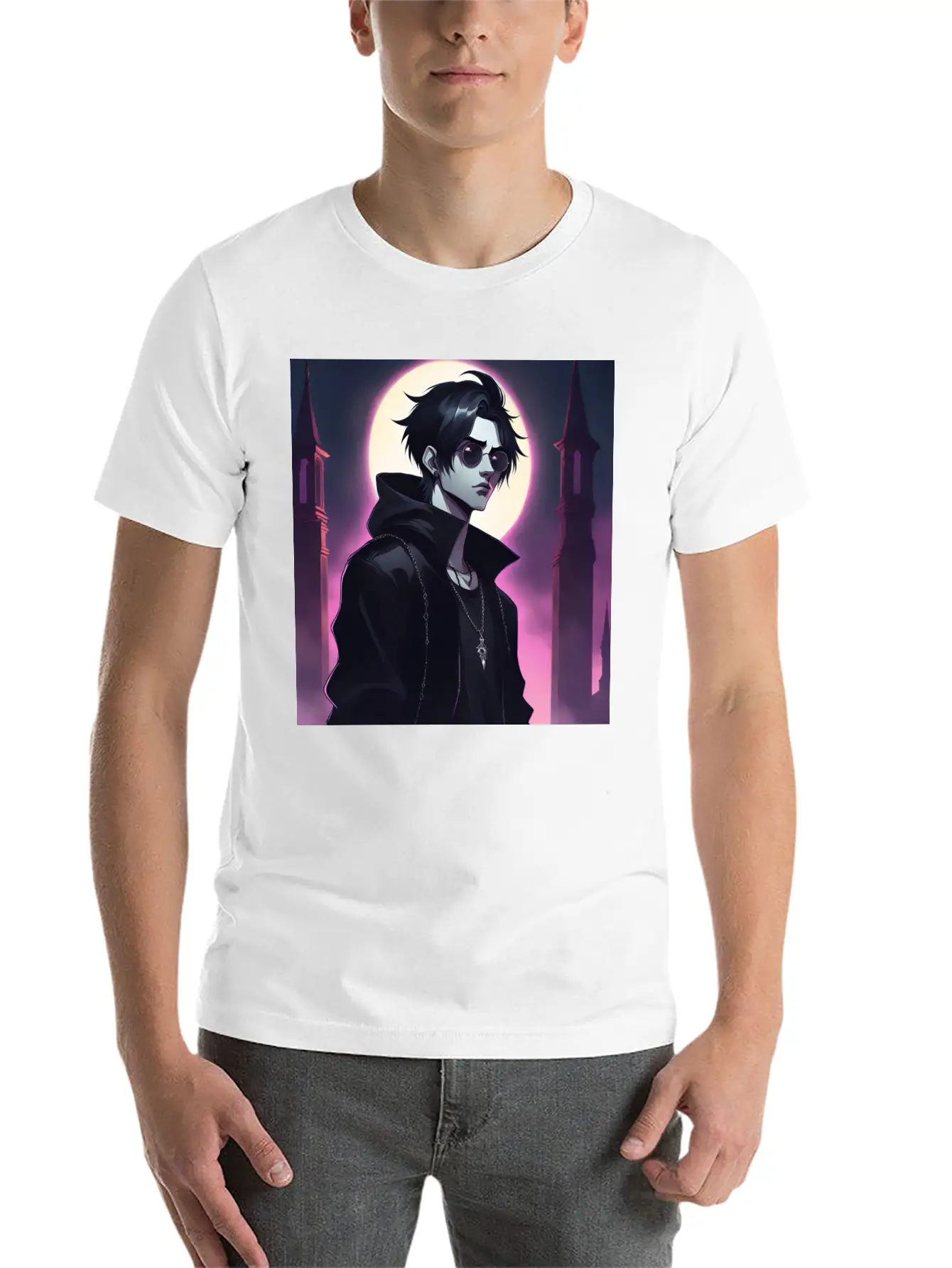 Full Moon Anime Vampire Wearing Black Jacket Stylish Everyday T-Shirt – Unisex Basic Cotton Tee
